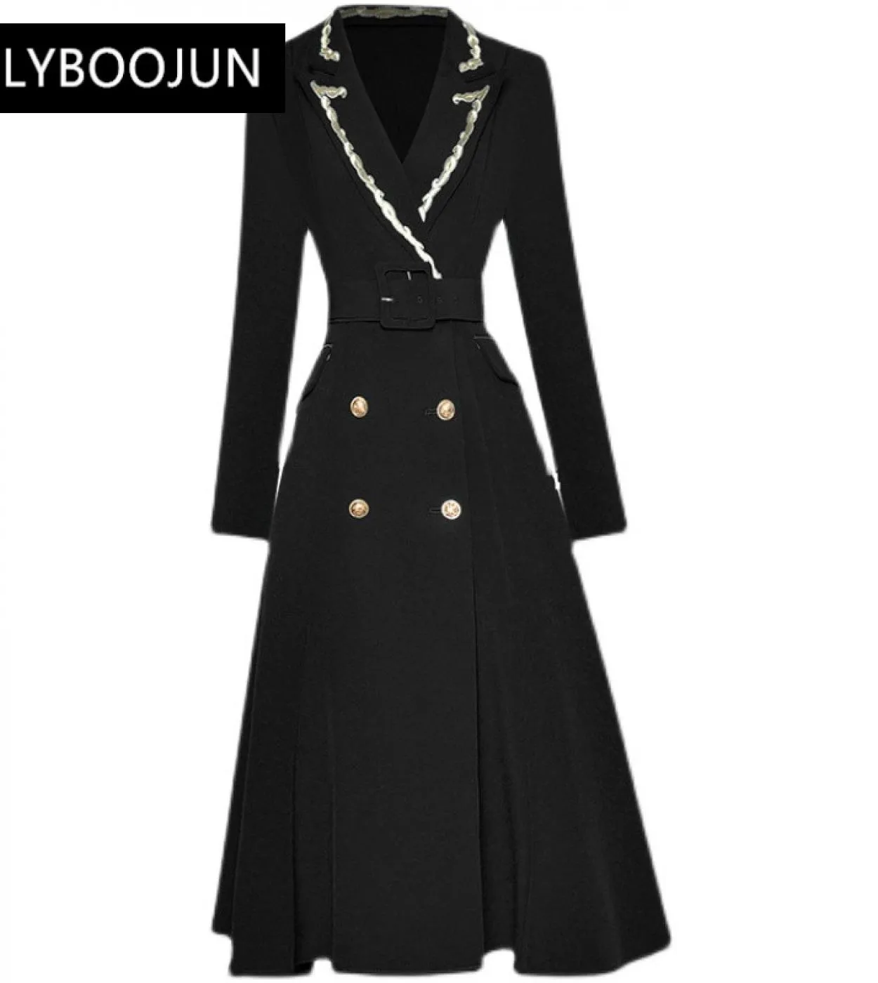 2022 Luxury Designer Runway Trench Donna Ricamo Colletto per la sera Cintura a maniche lunghe Doppio petto Capispalla nero Overc