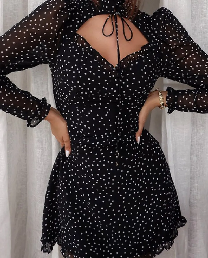 2022 Primavera ed Estate Nuove Donne Moda Temperamento Nero Wave Dot Gonna Corta Collo Basso Abito Con Lacci