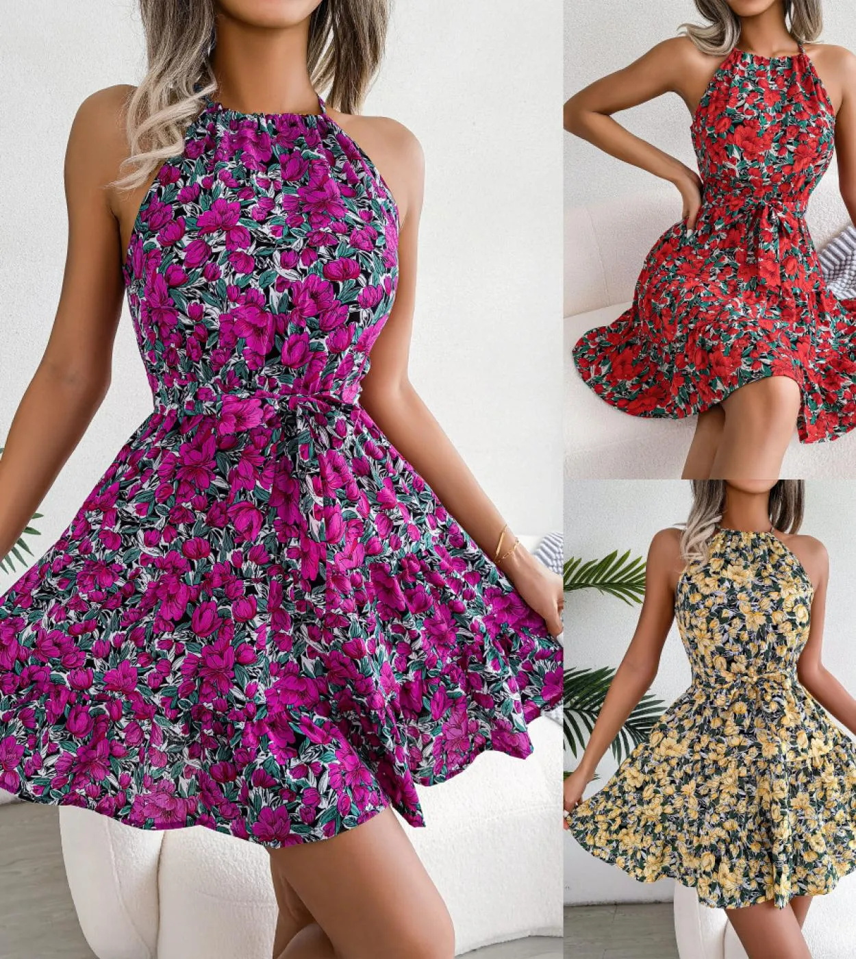 2023 Summer Floral Dress Women Chiffon senza maniche Halter Neck Strap Ruffle Gonna corta Elegante panno da donna alla moda