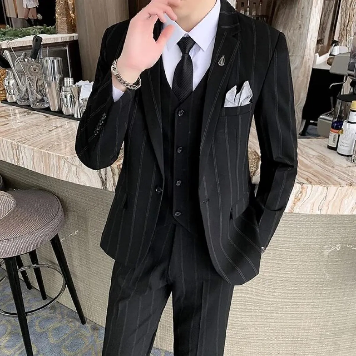 2023 uomo casual bottoni in metallo tinta unita business abito da sposa 3 pezzi set completo blazer giacca cappotto + pantaloni