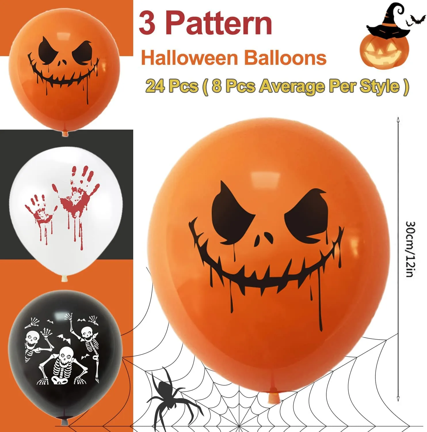 24pcs Halloween palloncini decorazioni set, 12 pollici nero arancione bianco palloncini Happy Halloween fantasma palloncini in l