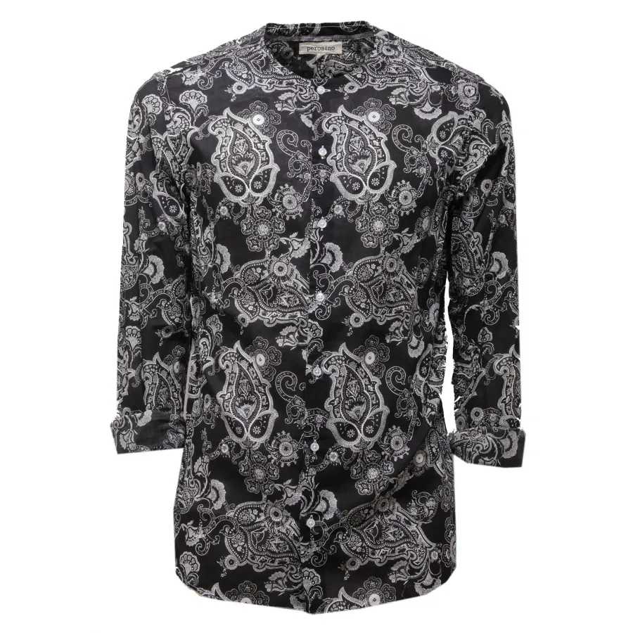 3445AC  camicia girocollo uomo PEROSINO BANDANA cotton black/white shirt men