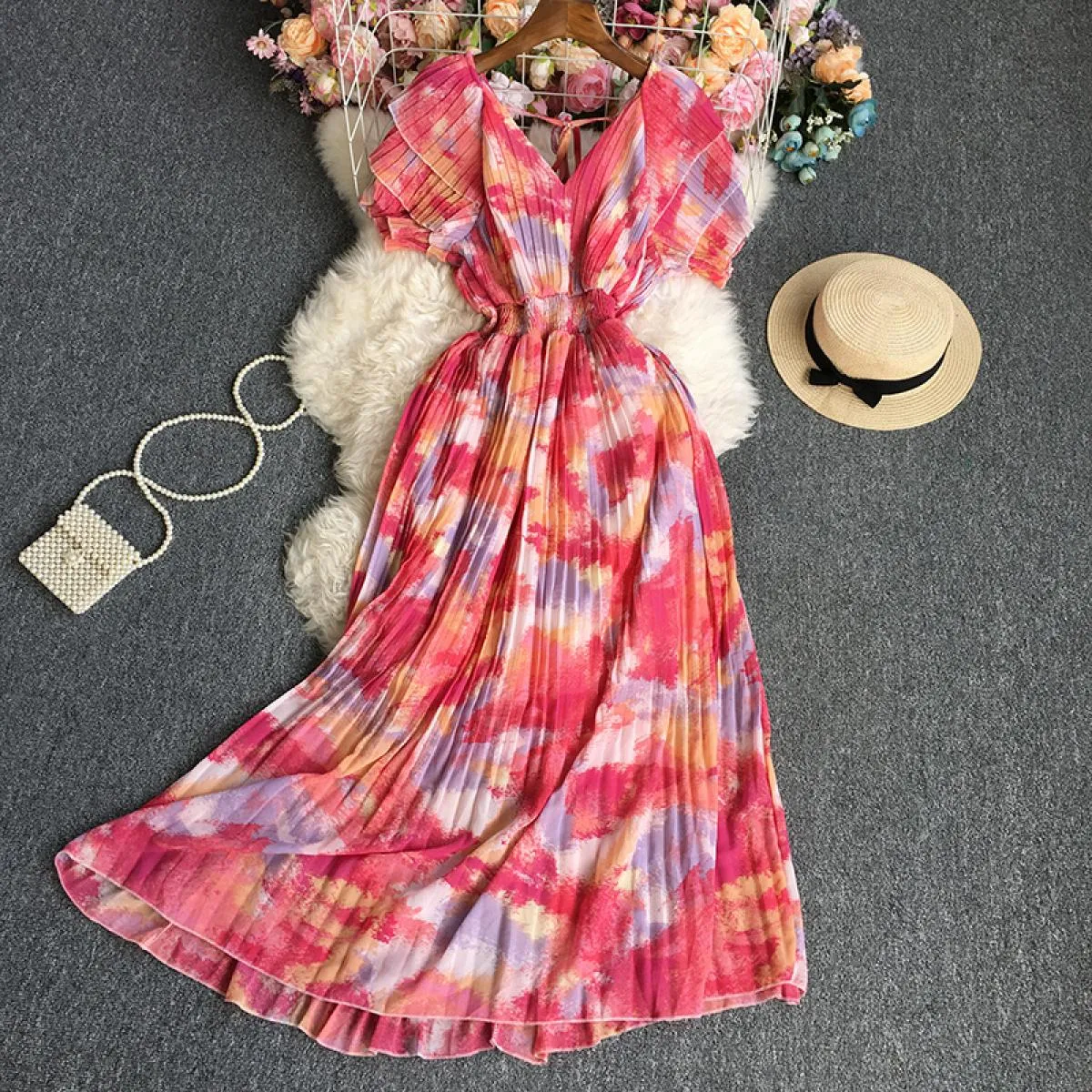 Abiti maxi eleganti primaverili per le donne Die Tye Cascading Ruffled Scollo a V Pieghe a pieghe Vita alta Big Swing Boho Vesti