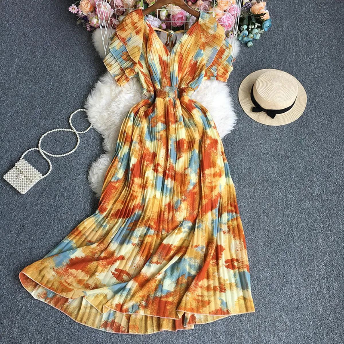 Abiti maxi eleganti primaverili per le donne Die Tye Cascading Ruffled Scollo a V Pieghe a pieghe Vita alta Big Swing Boho Vesti