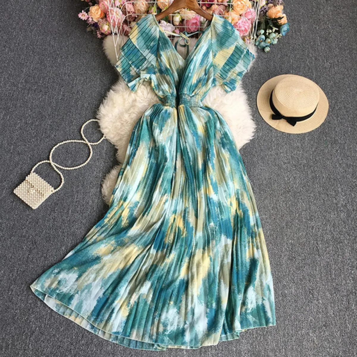 Abiti maxi eleganti primaverili per le donne Die Tye Cascading Ruffled Scollo a V Pieghe a pieghe Vita alta Big Swing Boho Vesti