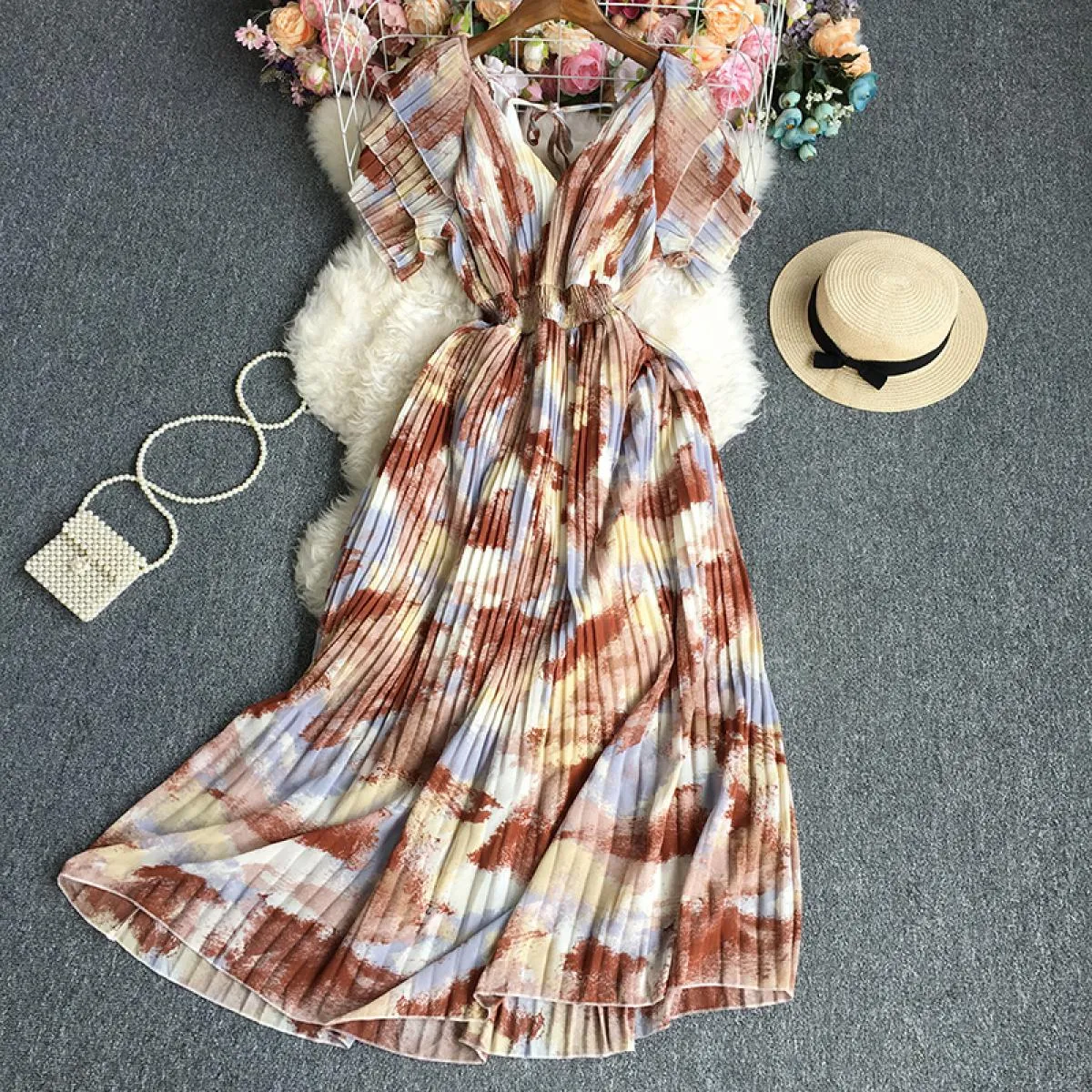 Abiti maxi eleganti primaverili per le donne Die Tye Cascading Ruffled Scollo a V Pieghe a pieghe Vita alta Big Swing Boho Vesti