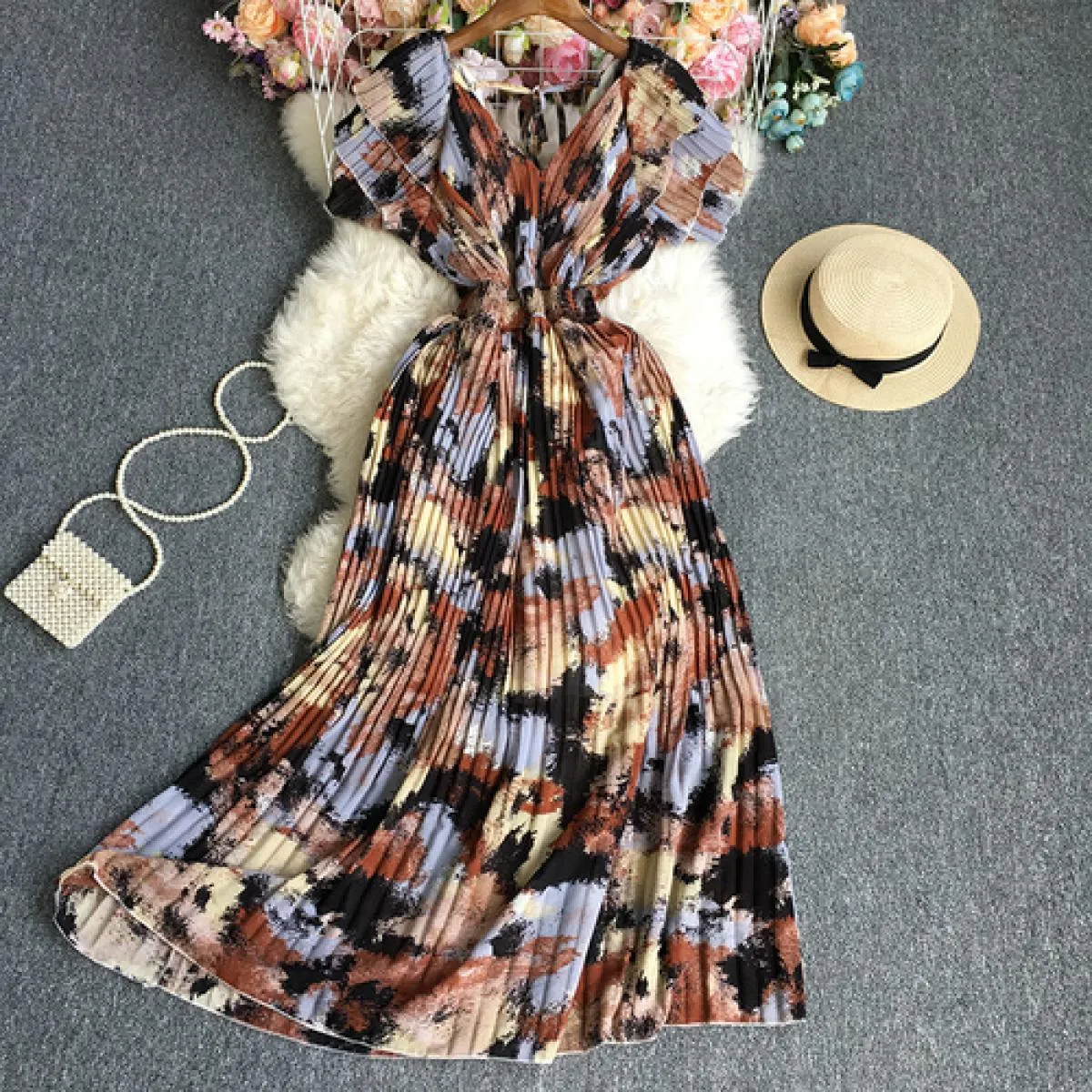 Abiti maxi eleganti primaverili per le donne Die Tye Cascading Ruffled Scollo a V Pieghe a pieghe Vita alta Big Swing Boho Vesti