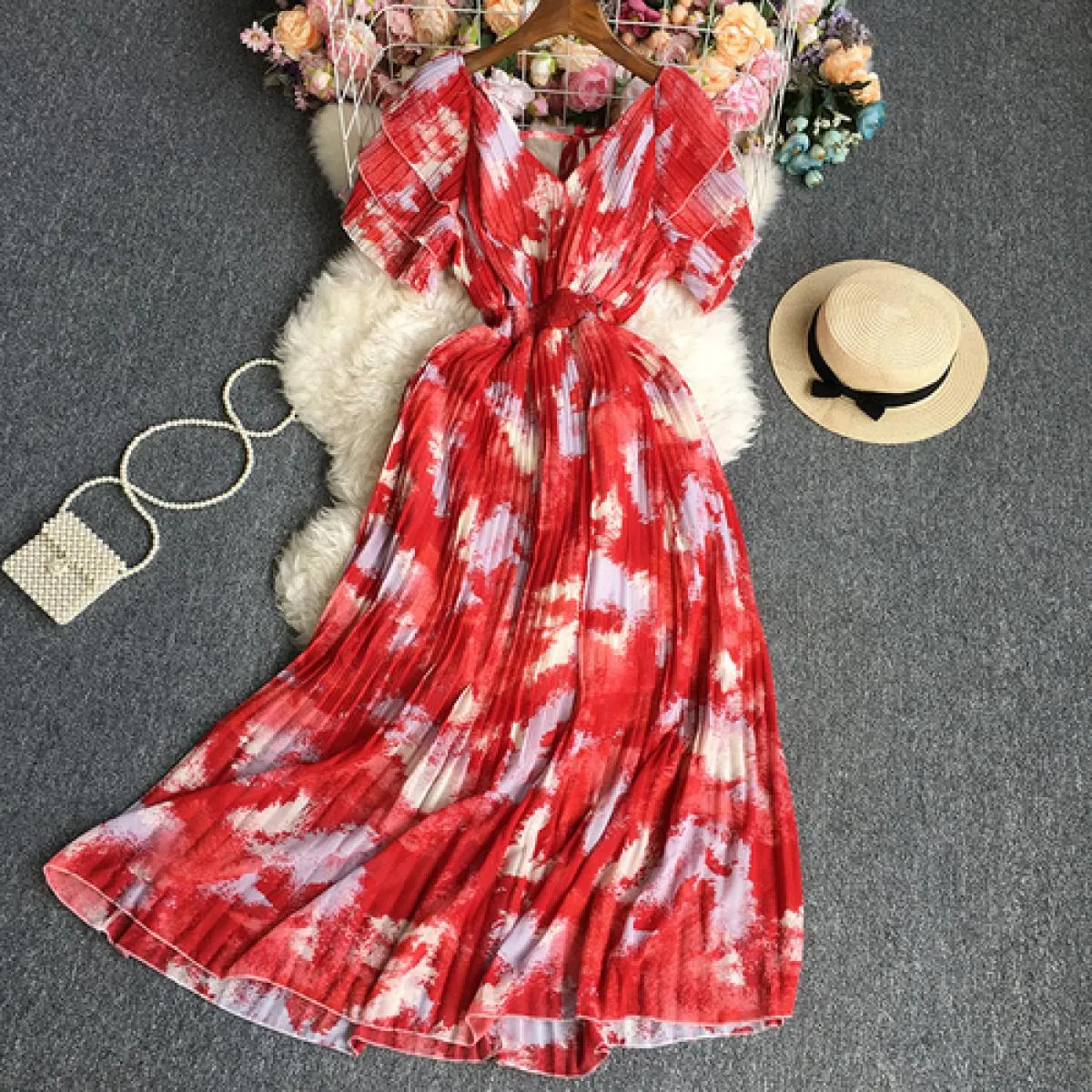 Abiti maxi eleganti primaverili per le donne Die Tye Cascading Ruffled Scollo a V Pieghe a pieghe Vita alta Big Swing Boho Vesti
