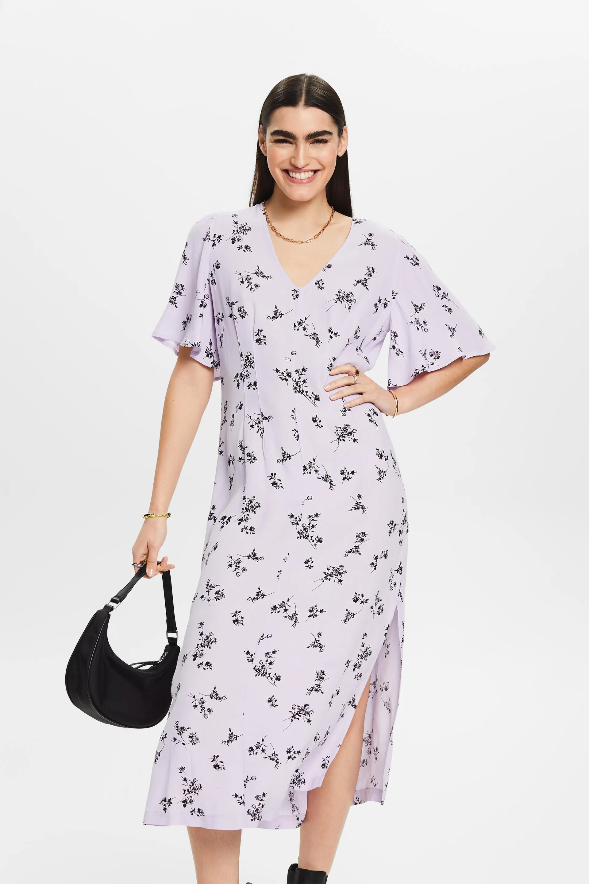 Abito midi stampato con scollo a V