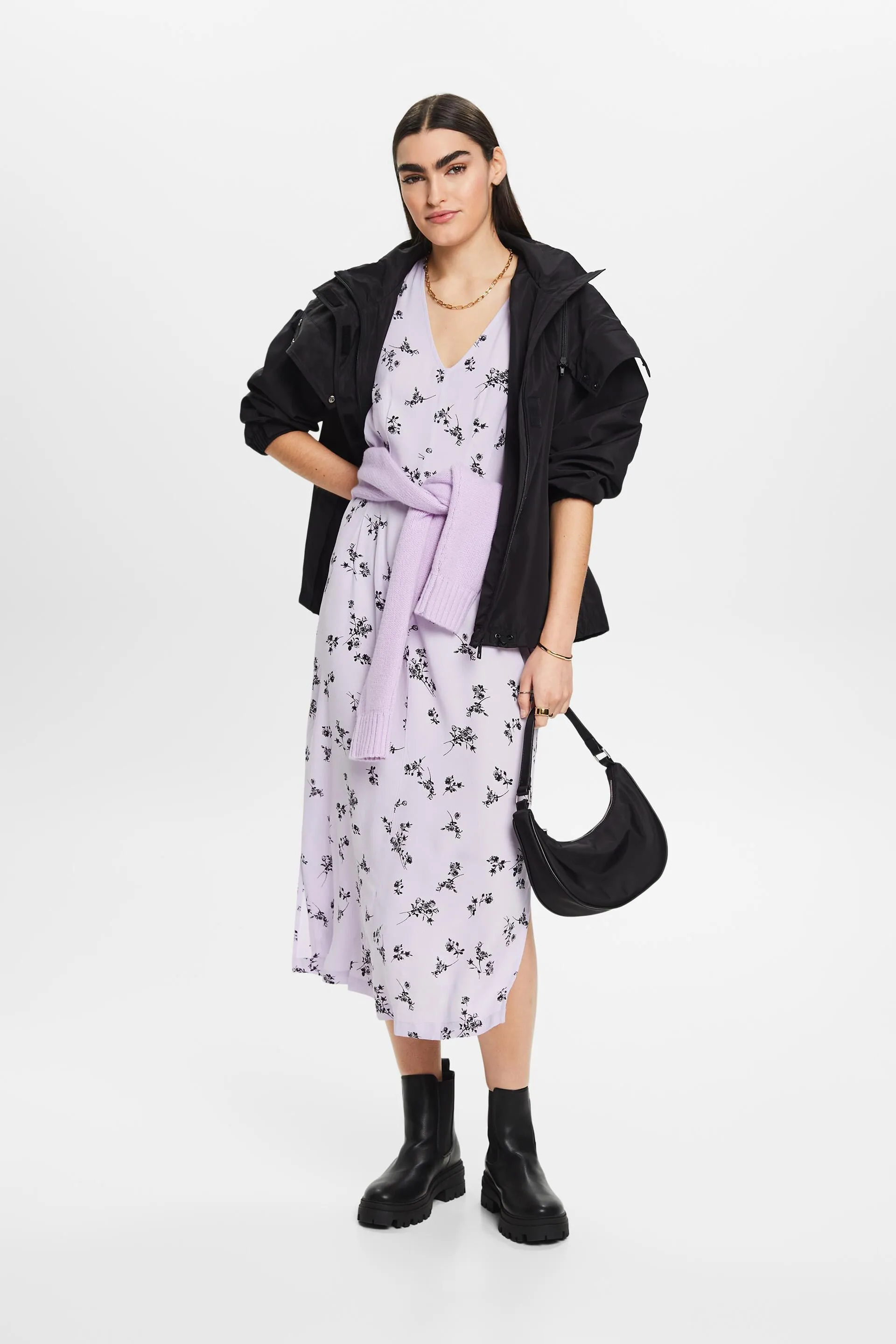 Abito midi stampato con scollo a V