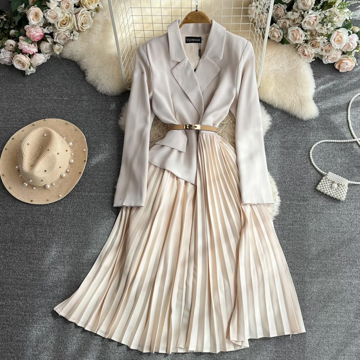 Autunno elegante abbigliamento da ufficio bianco per donna gonna a pieghe con cintura cuciture dentellate femminile manica lunga