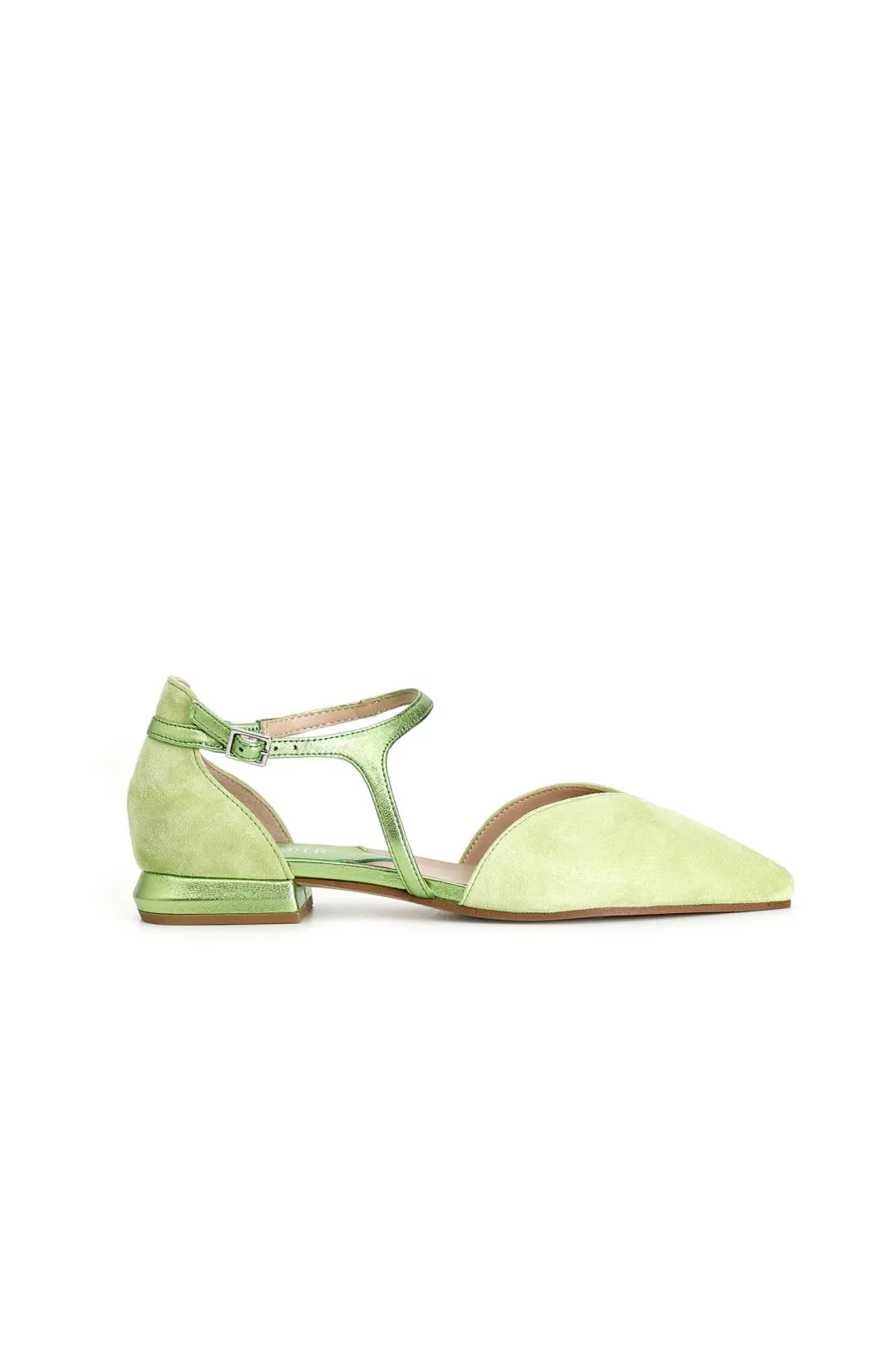 ballerine in pelle scamosciata con laccio laminato asimmetrico verde