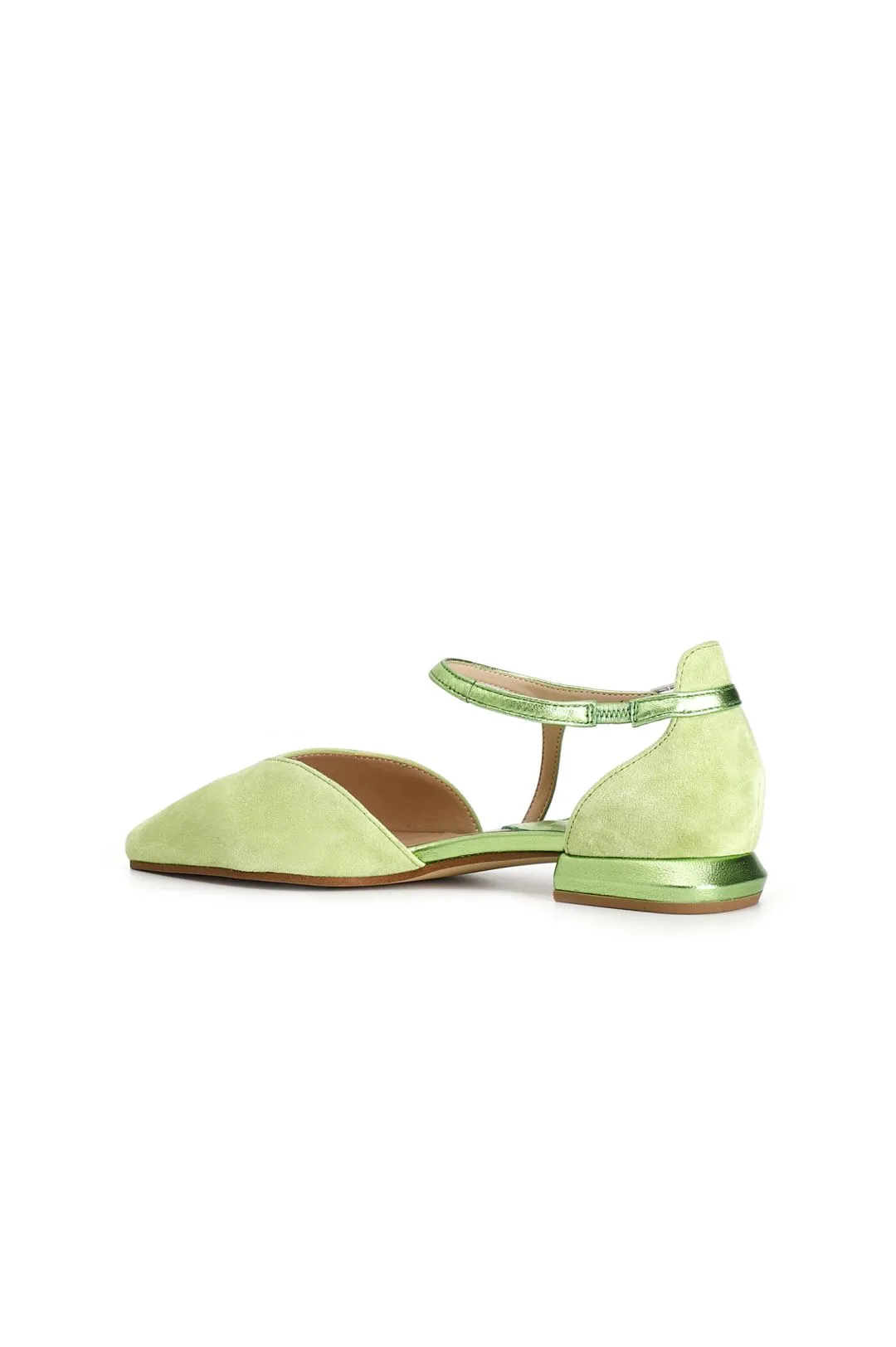 ballerine in pelle scamosciata con laccio laminato asimmetrico verde