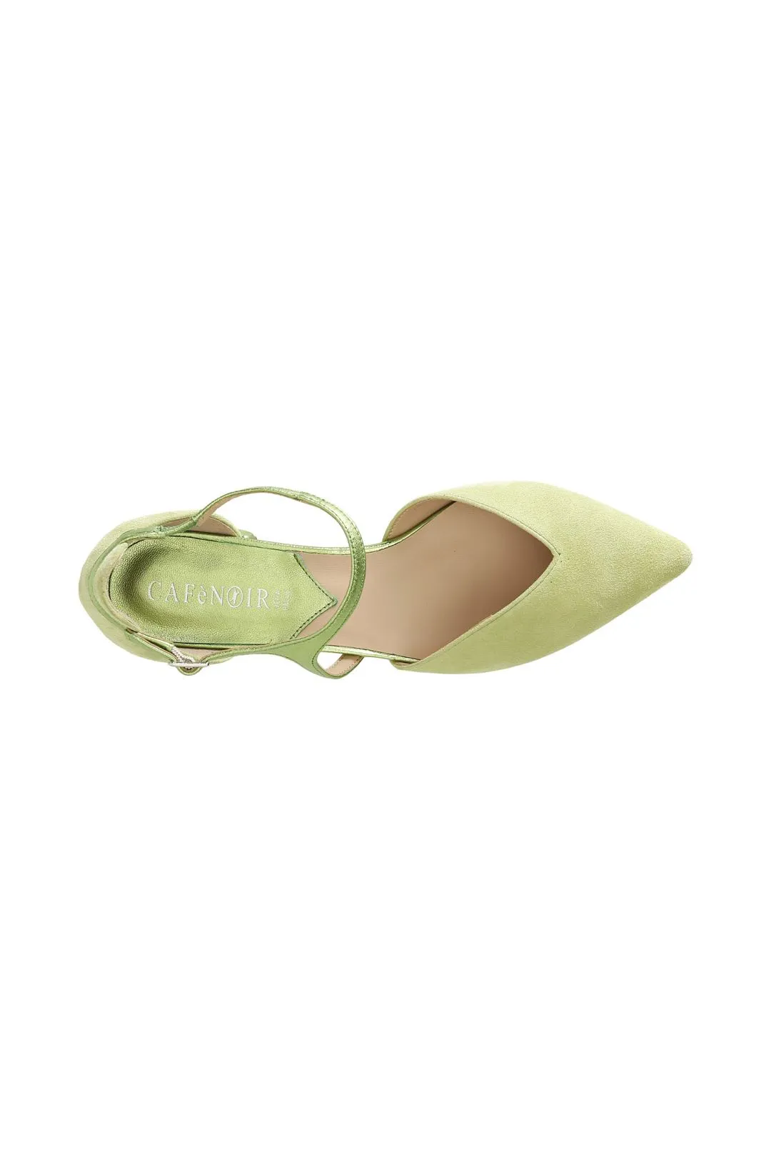 ballerine in pelle scamosciata con laccio laminato asimmetrico verde