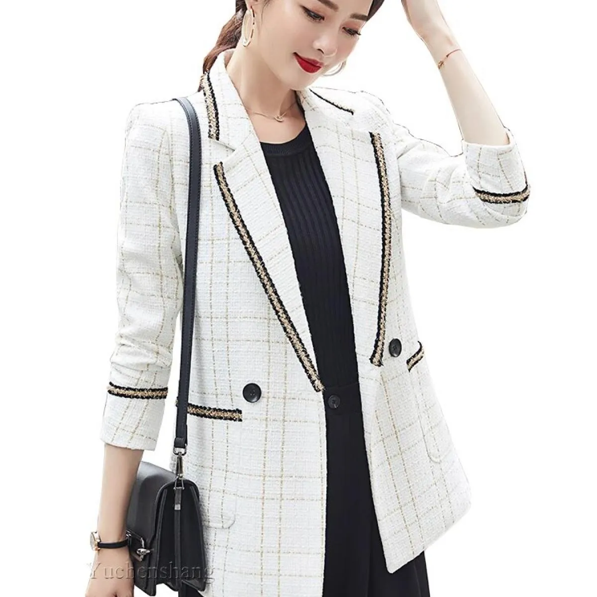 Blazer da donna scozzese nero bianco doppio petto con tasche Cappotto femminile di moda Capispalla Giacche da ragazza larghe di
