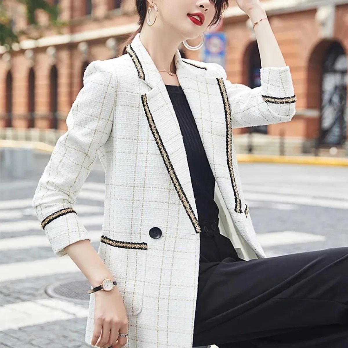 Blazer da donna scozzese nero bianco doppio petto con tasche Cappotto femminile di moda Capispalla Giacche da ragazza larghe di