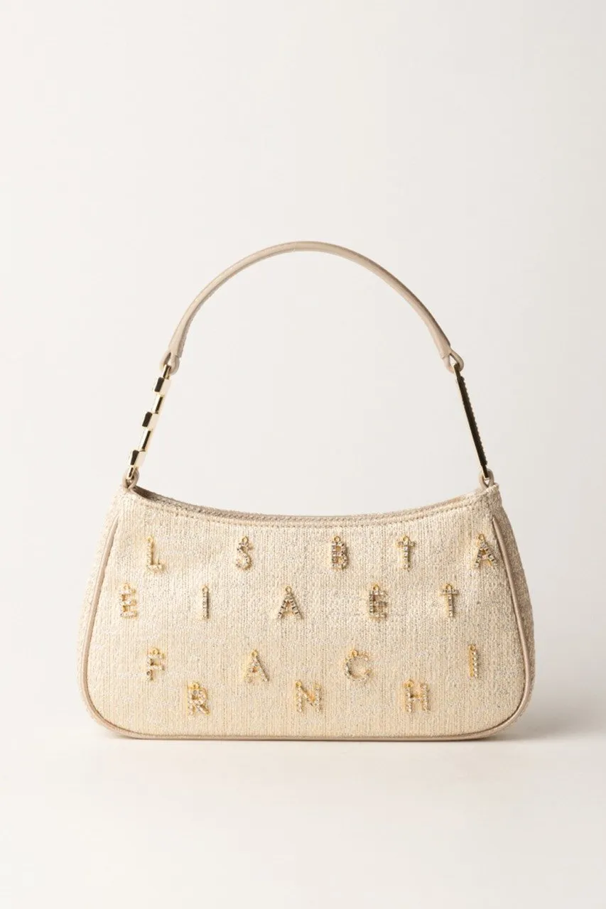 Borsa a spalla in tweed lurex con lettering di strass Oro