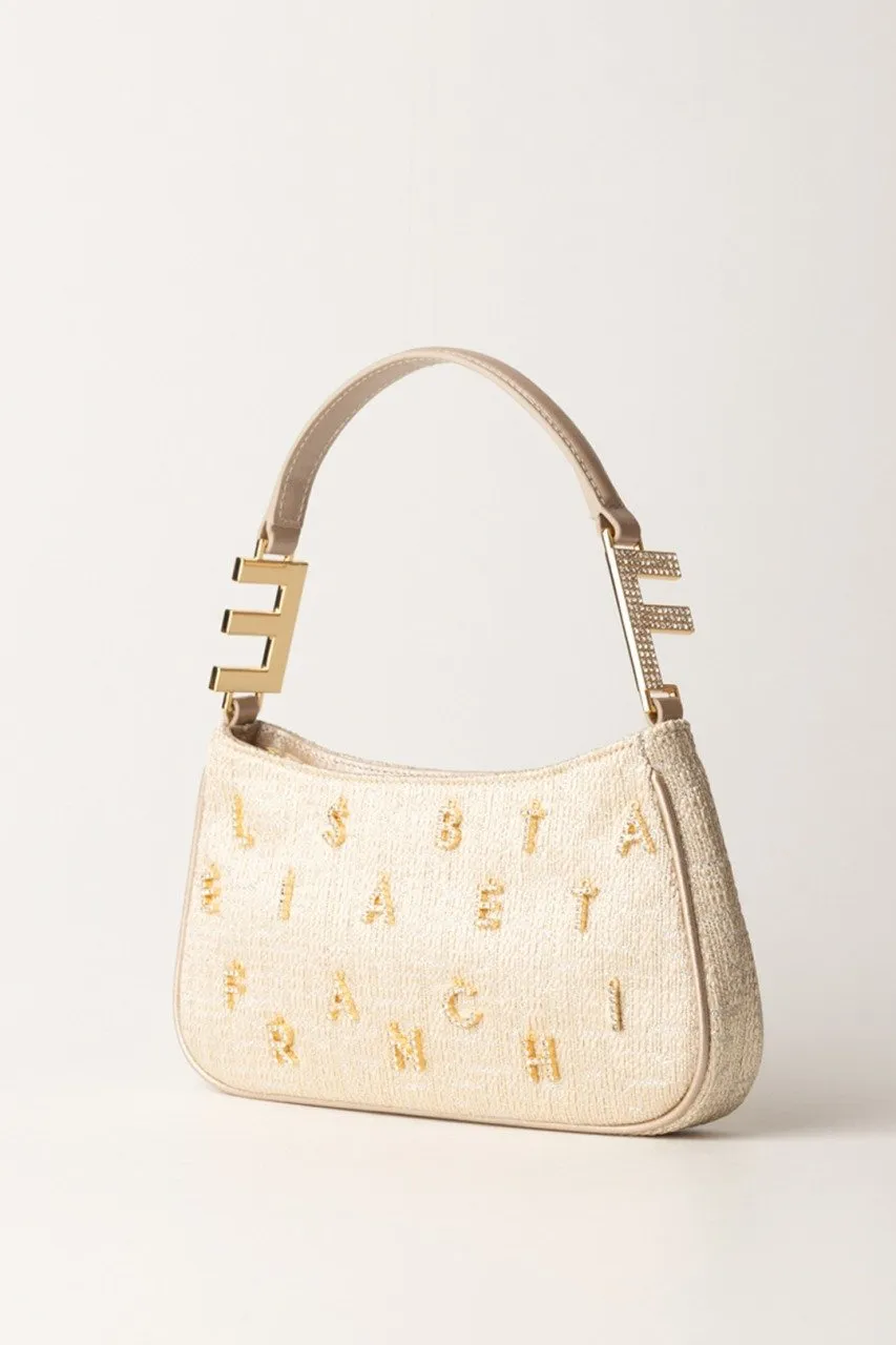 Borsa a spalla in tweed lurex con lettering di strass Oro