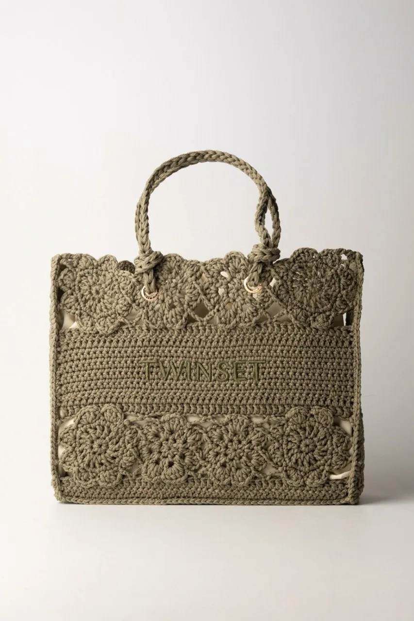 Borsa shopper in crochet a fiori GRAY GREEN