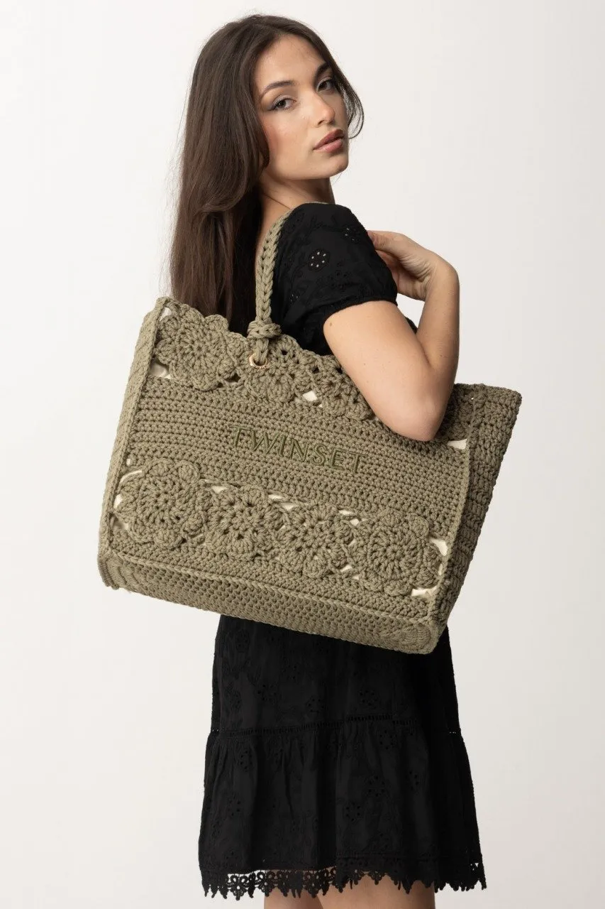 Borsa shopper in crochet a fiori GRAY GREEN