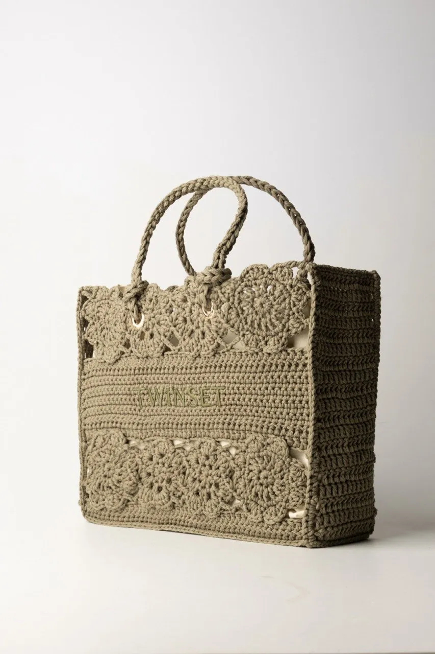 Borsa shopper in crochet a fiori GRAY GREEN