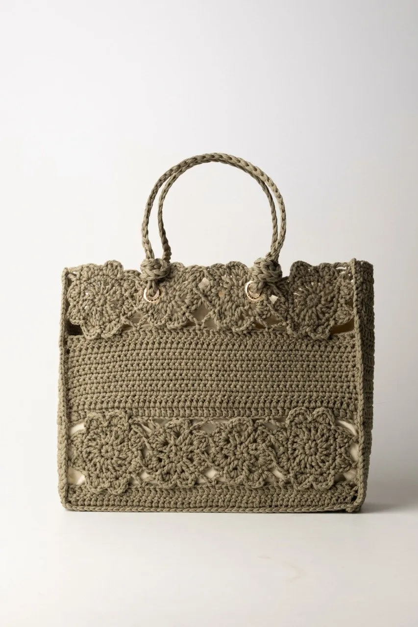 Borsa shopper in crochet a fiori GRAY GREEN