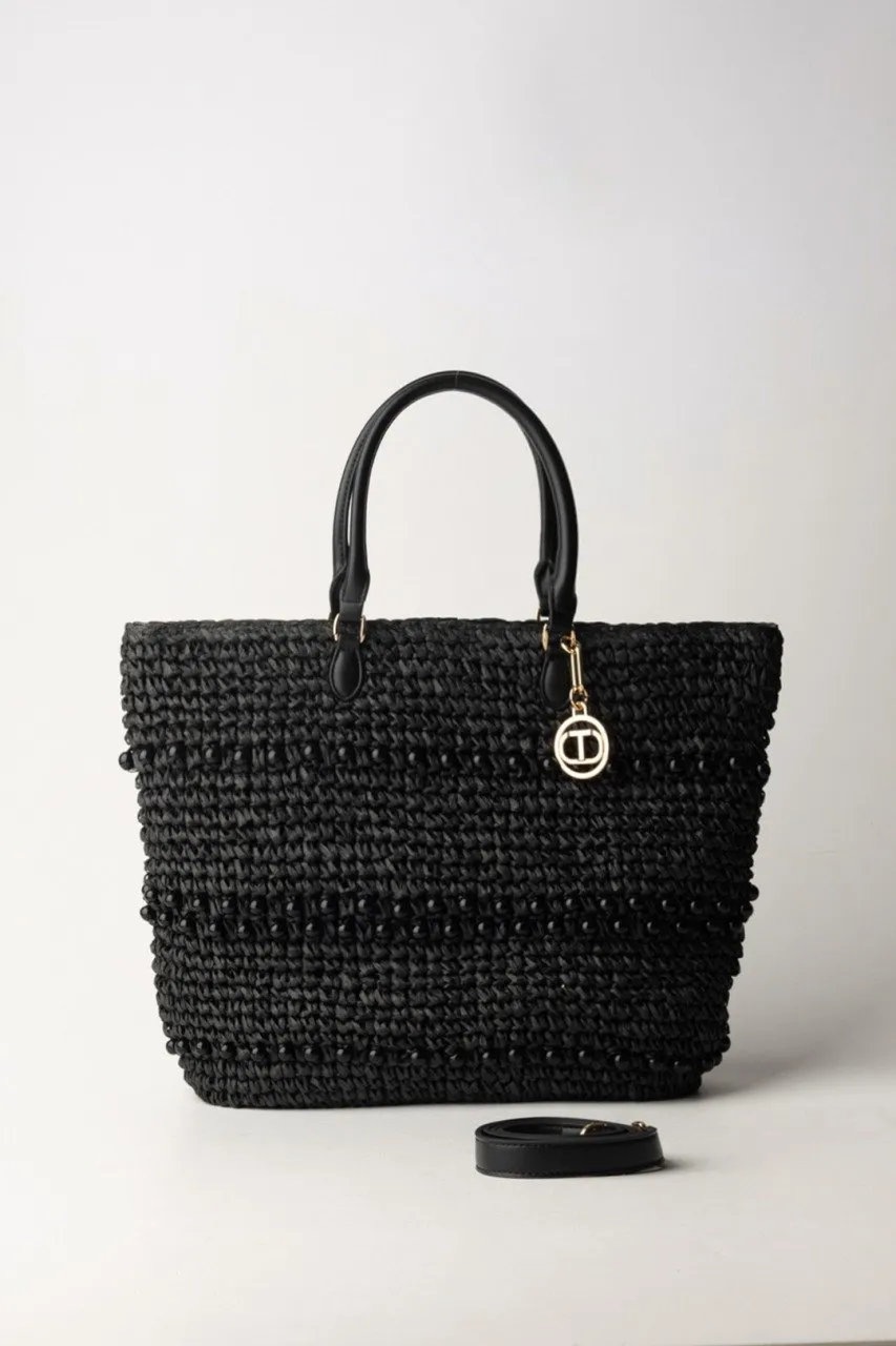 Borsa shopper in rafia con perle Nero