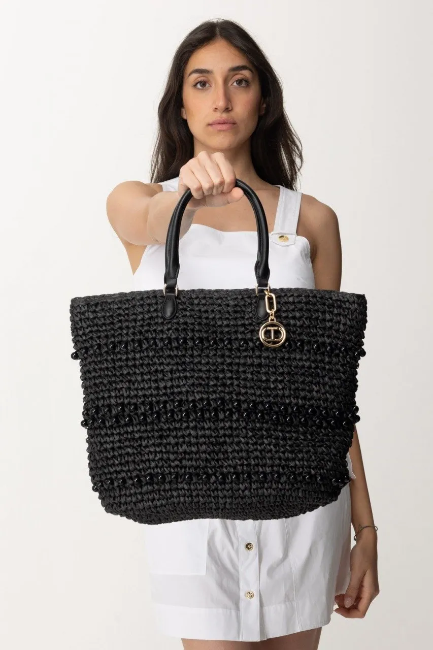 Borsa shopper in rafia con perle Nero