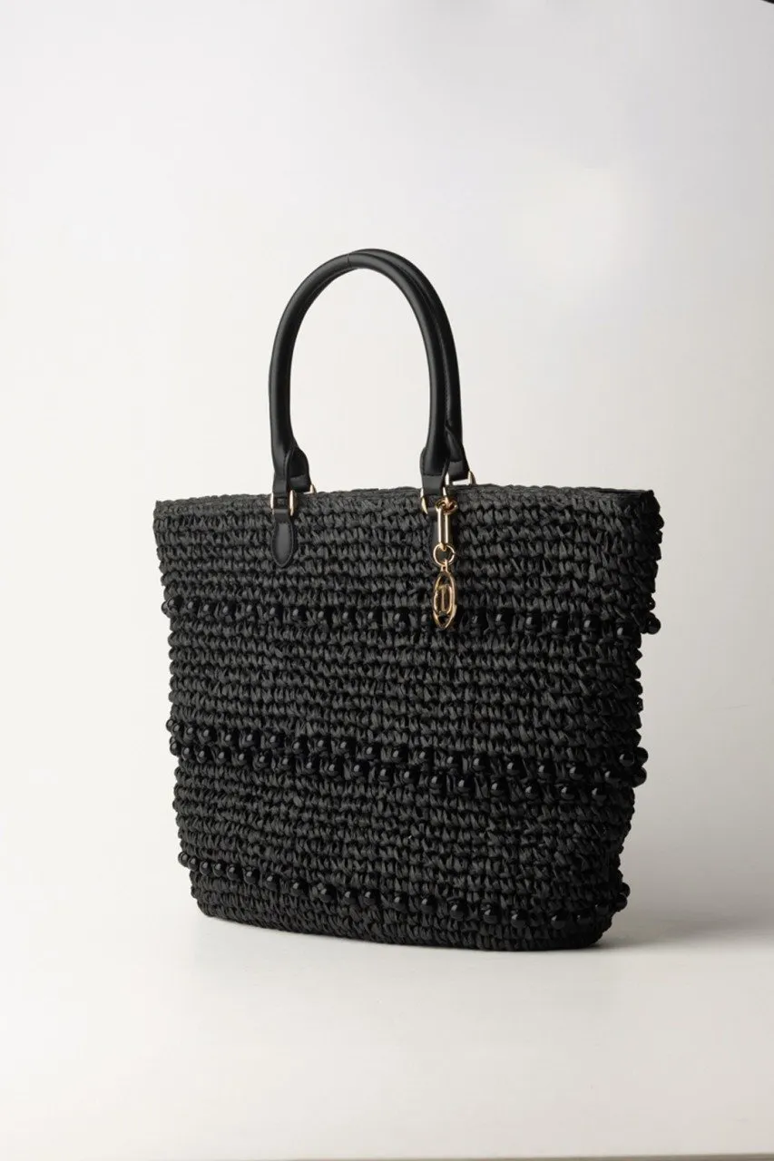 Borsa shopper in rafia con perle Nero
