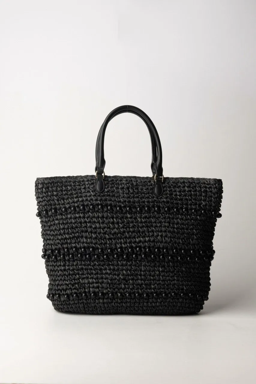 Borsa shopper in rafia con perle Nero