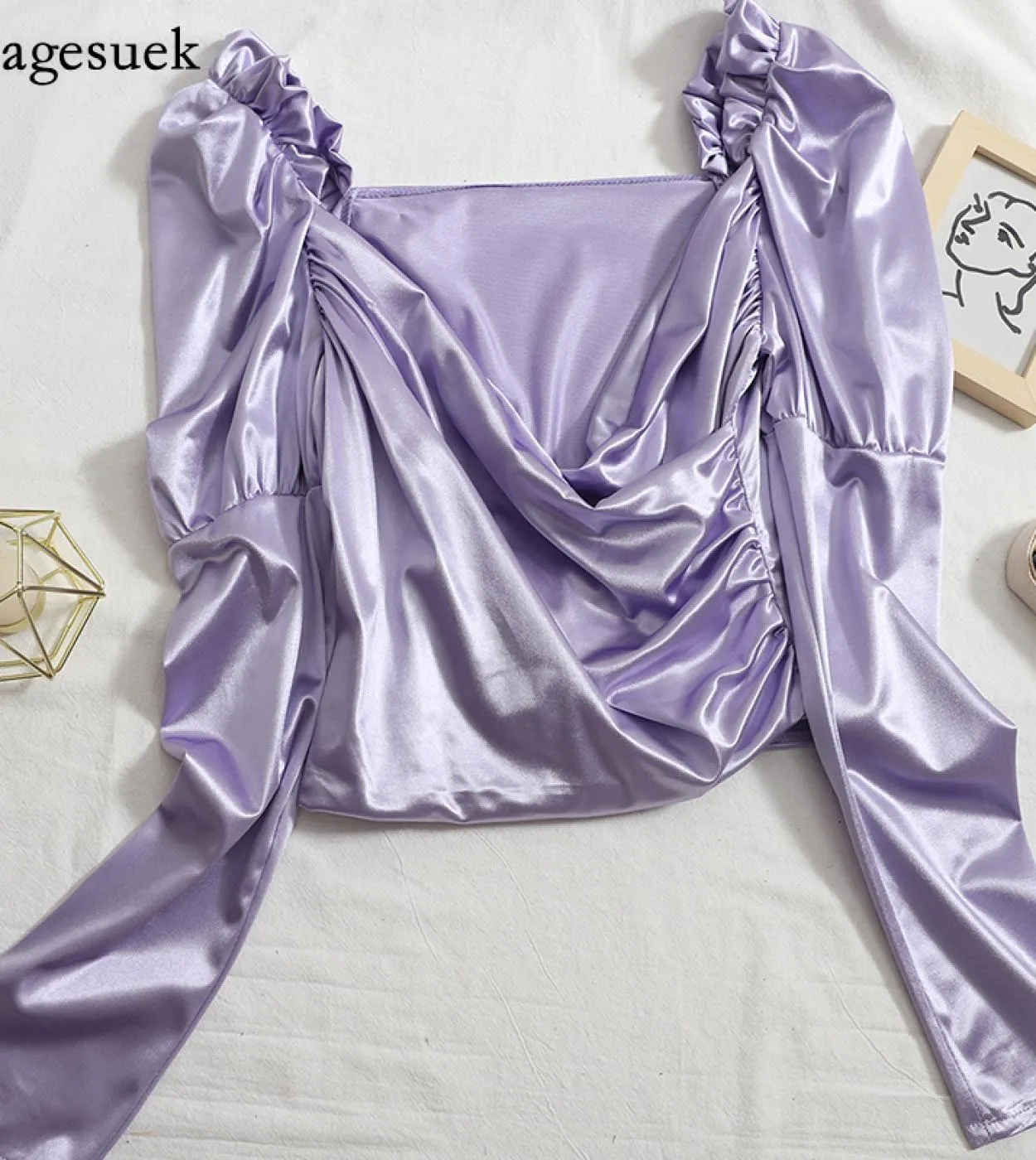 Camicetta di raso di moda Donna Camicetta irregolare a pieghe incrociate Pieghe Casual Mujer Camicetta di stile dolce bellezza p