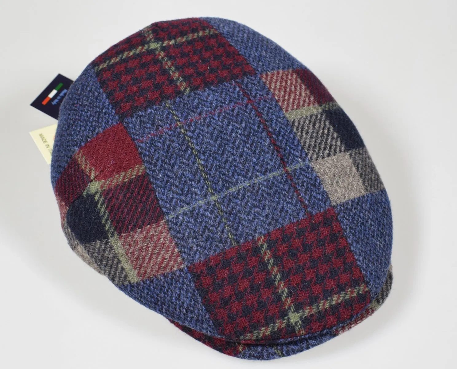 Cappello berretto imor blu a quadri in pura lana merino made in italy