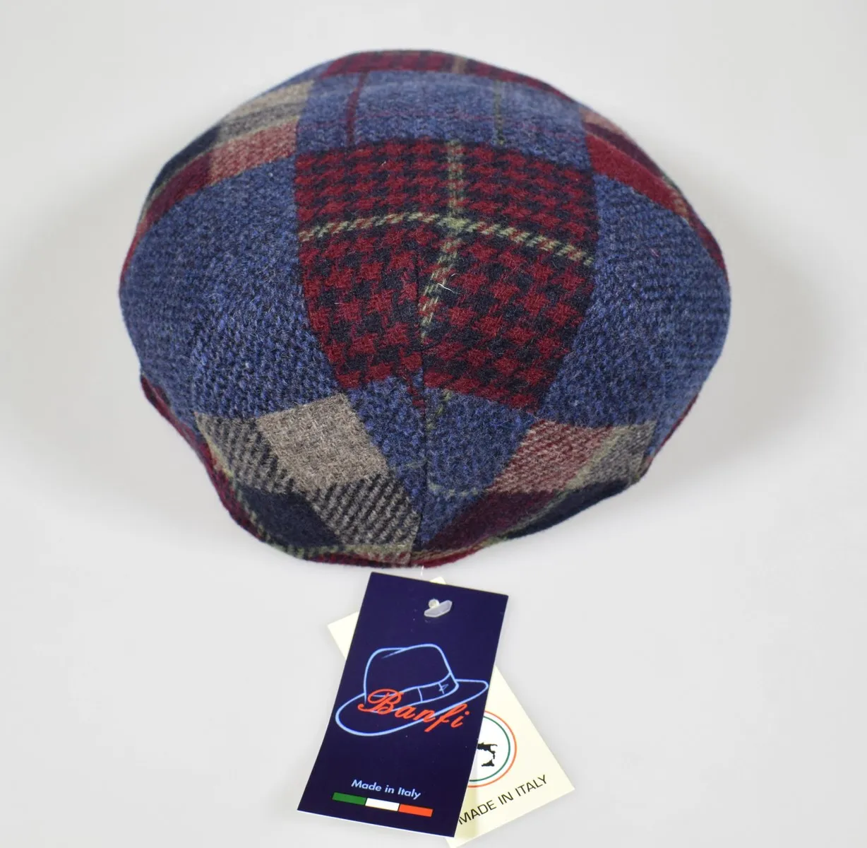 Cappello berretto imor blu a quadri in pura lana merino made in italy