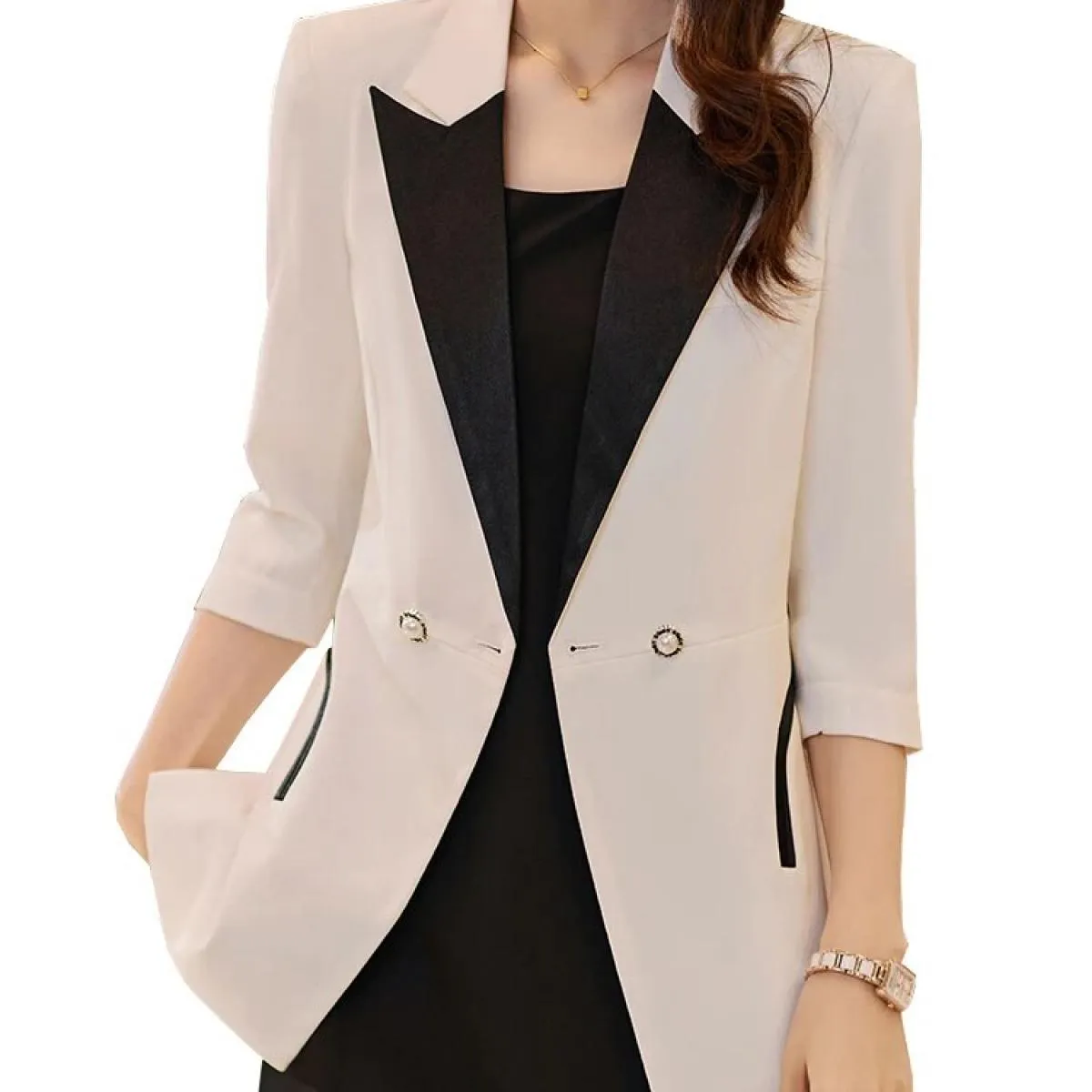 Cappotto da giacca formale femminile a mezza manica con bottone singolo a righe bianche e nere da donna primavera estate moda