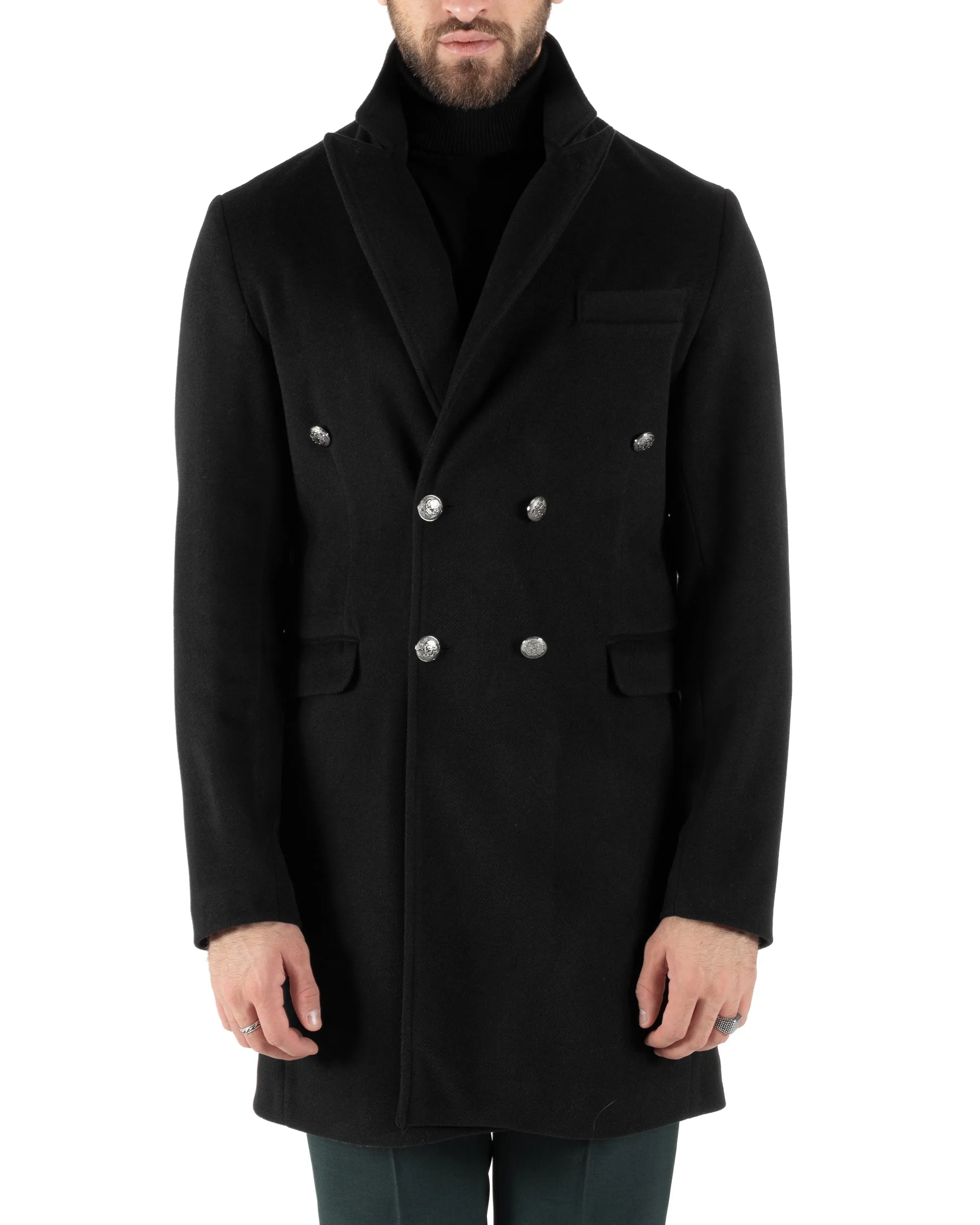 Cappotto Doppiopetto Uomo Con Colletto Giaccone Martingala Nero Elegante Tessuto Diagonale GIOSAL-CO1026A