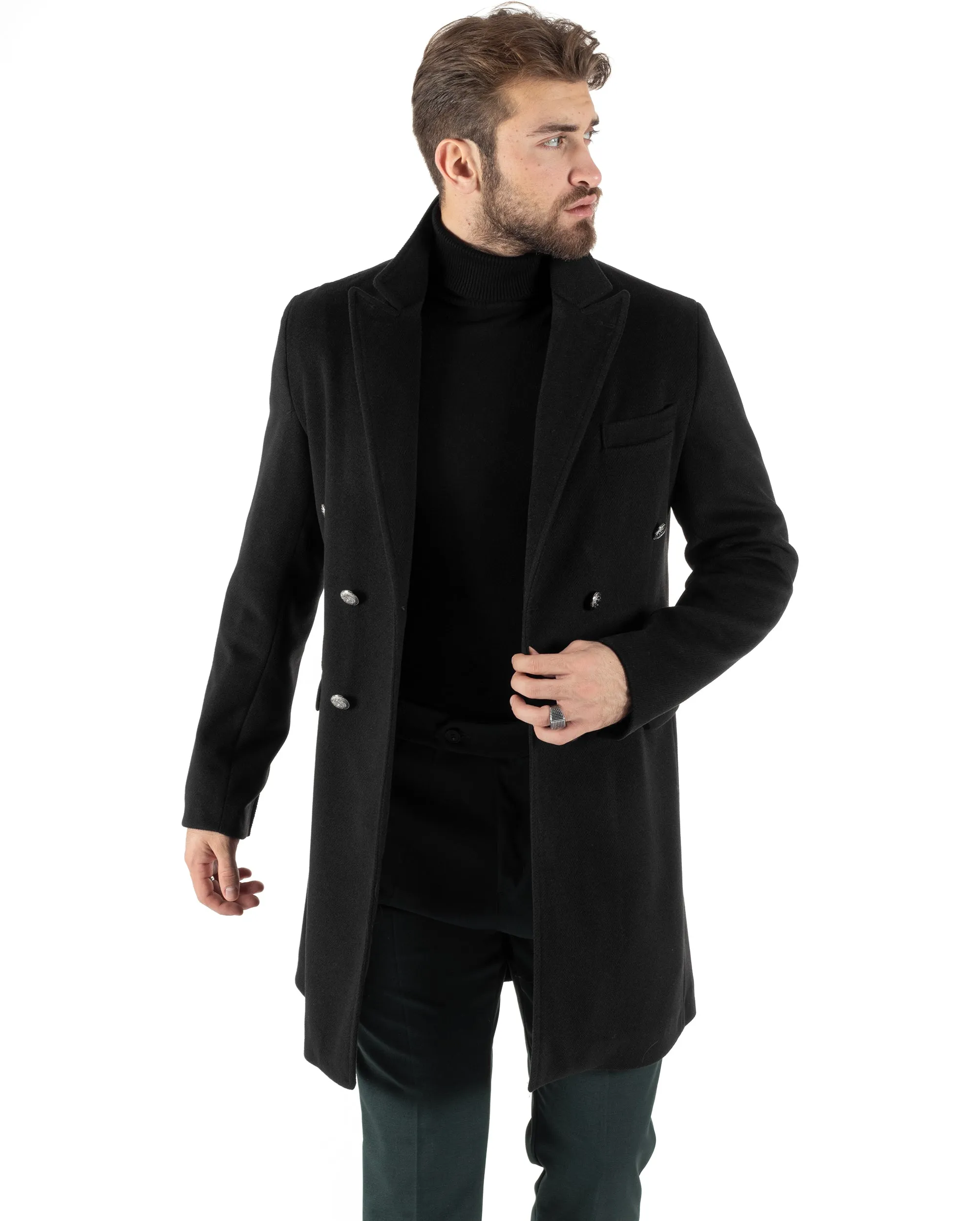 Cappotto Doppiopetto Uomo Con Colletto Giaccone Martingala Nero Elegante Tessuto Diagonale GIOSAL-CO1026A