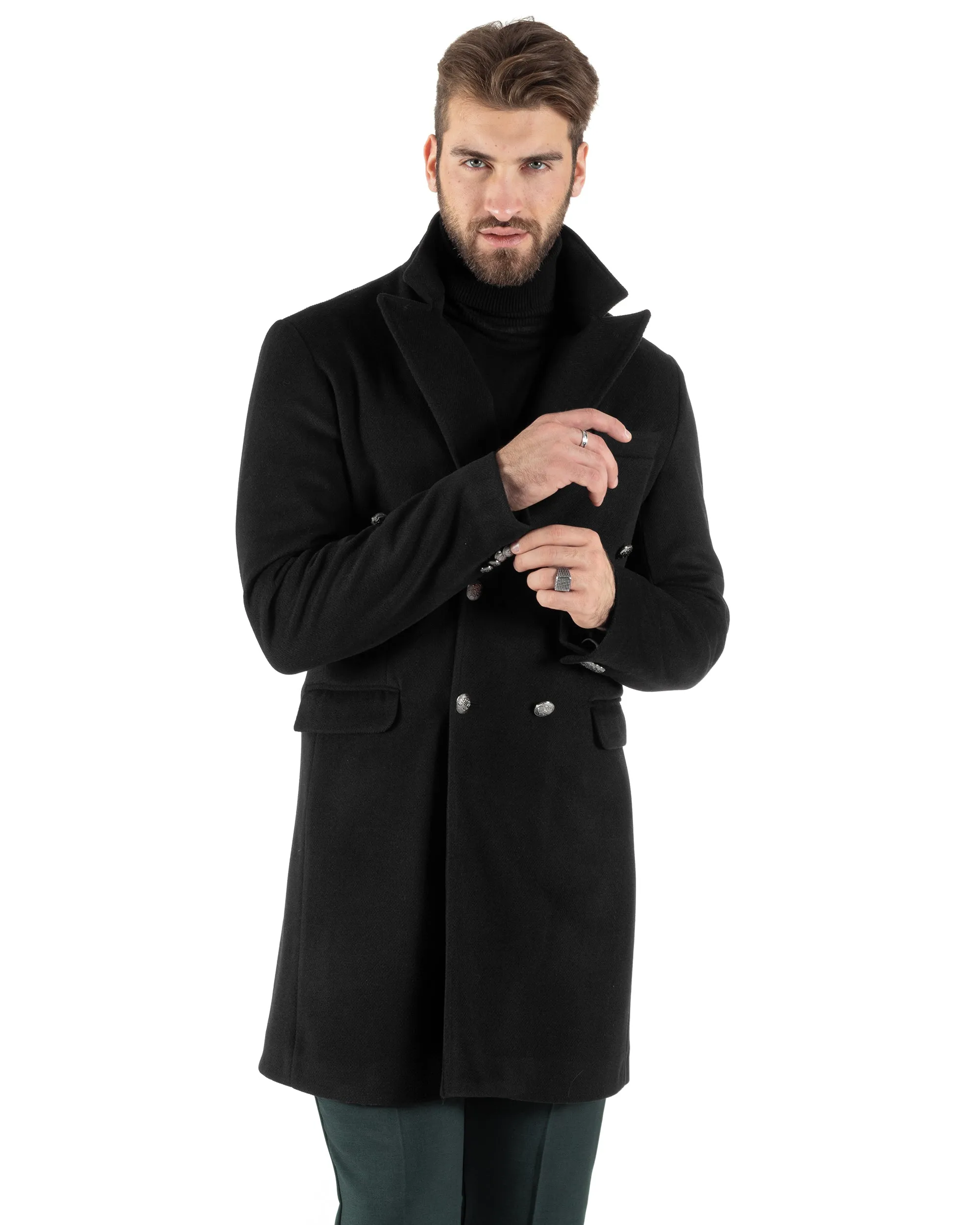 Cappotto Doppiopetto Uomo Con Colletto Giaccone Martingala Nero Elegante Tessuto Diagonale GIOSAL-CO1026A