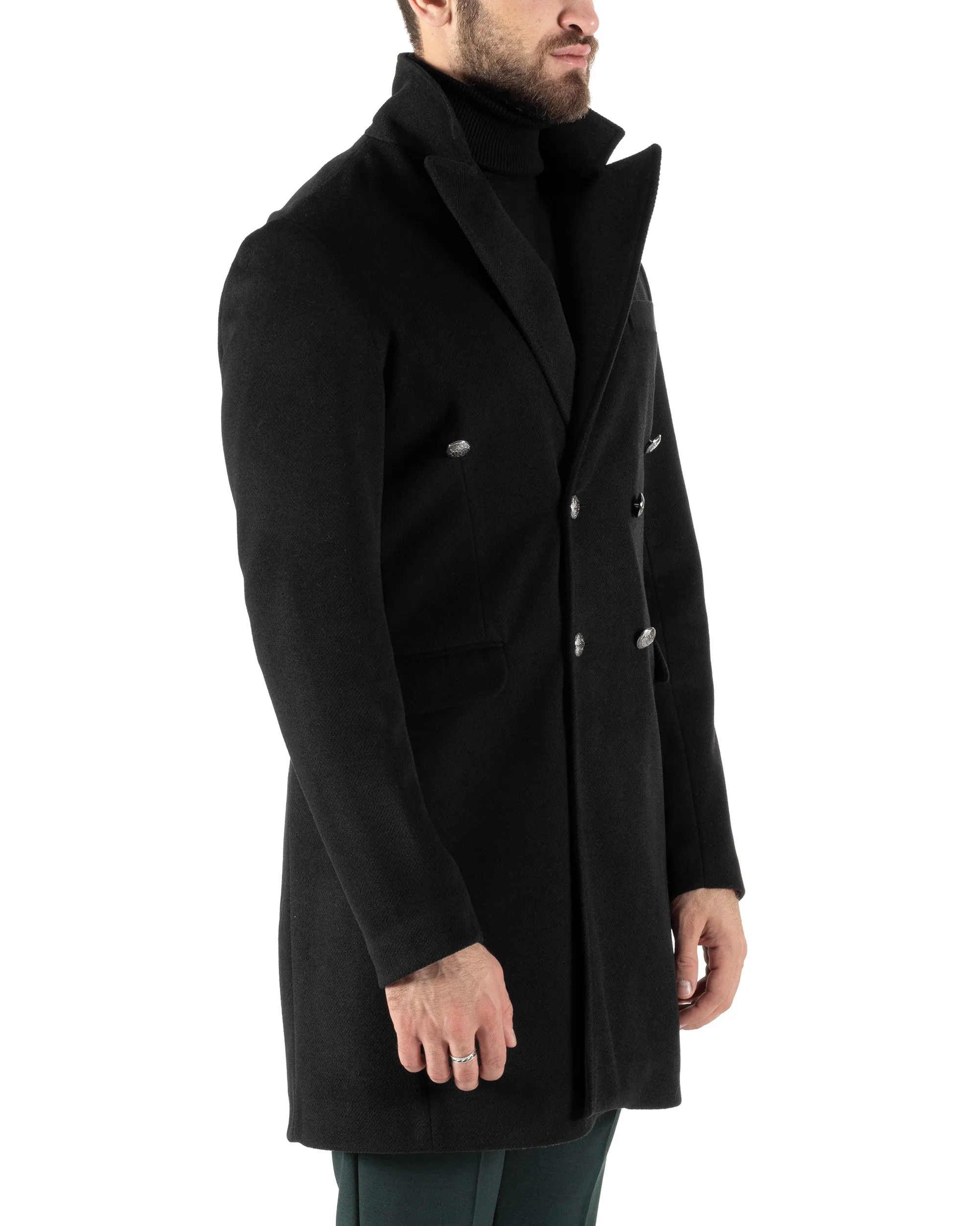 Cappotto Doppiopetto Uomo Con Colletto Giaccone Martingala Nero Elegante Tessuto Diagonale GIOSAL-CO1026A