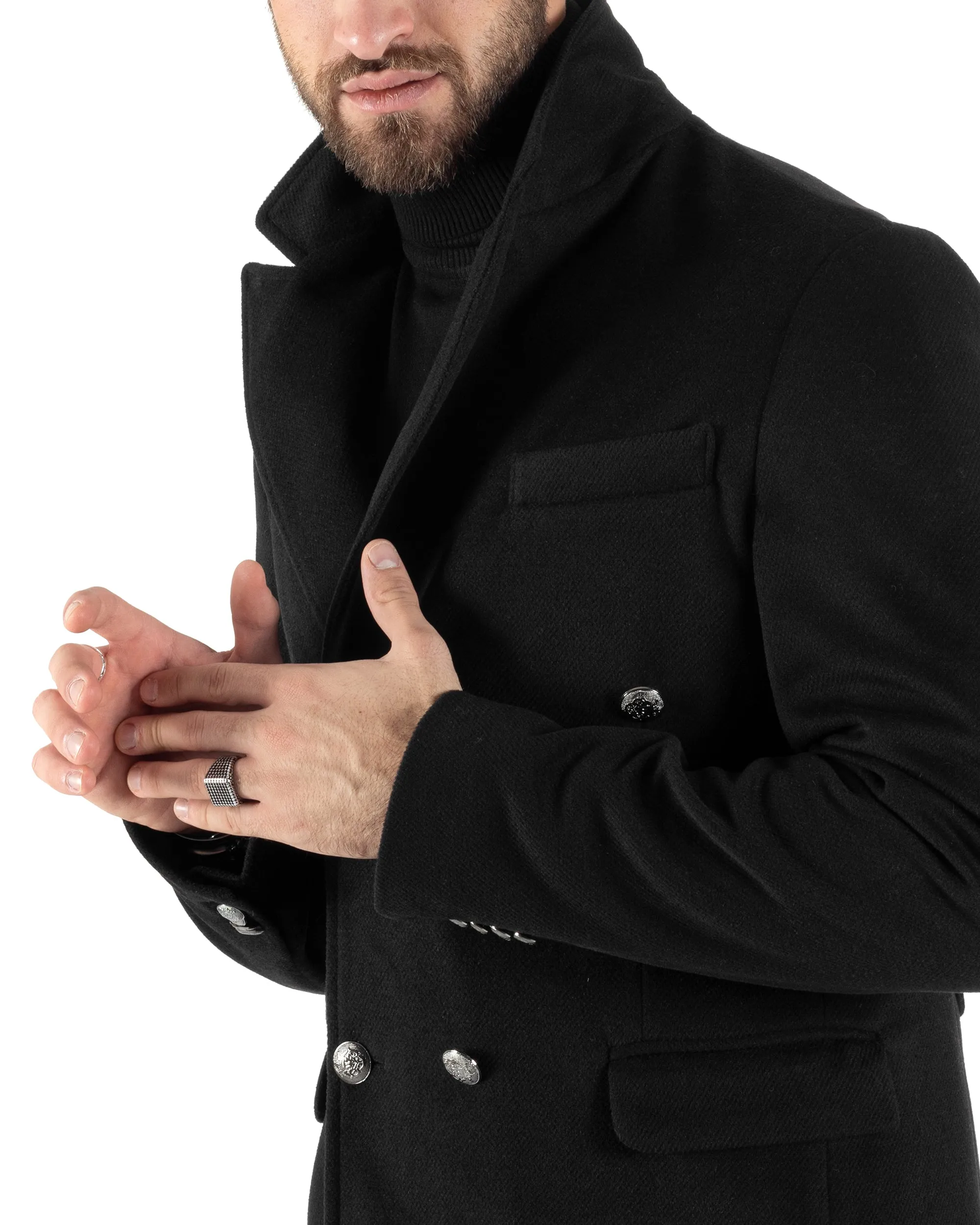 Cappotto Doppiopetto Uomo Con Colletto Giaccone Martingala Nero Elegante Tessuto Diagonale GIOSAL-CO1026A