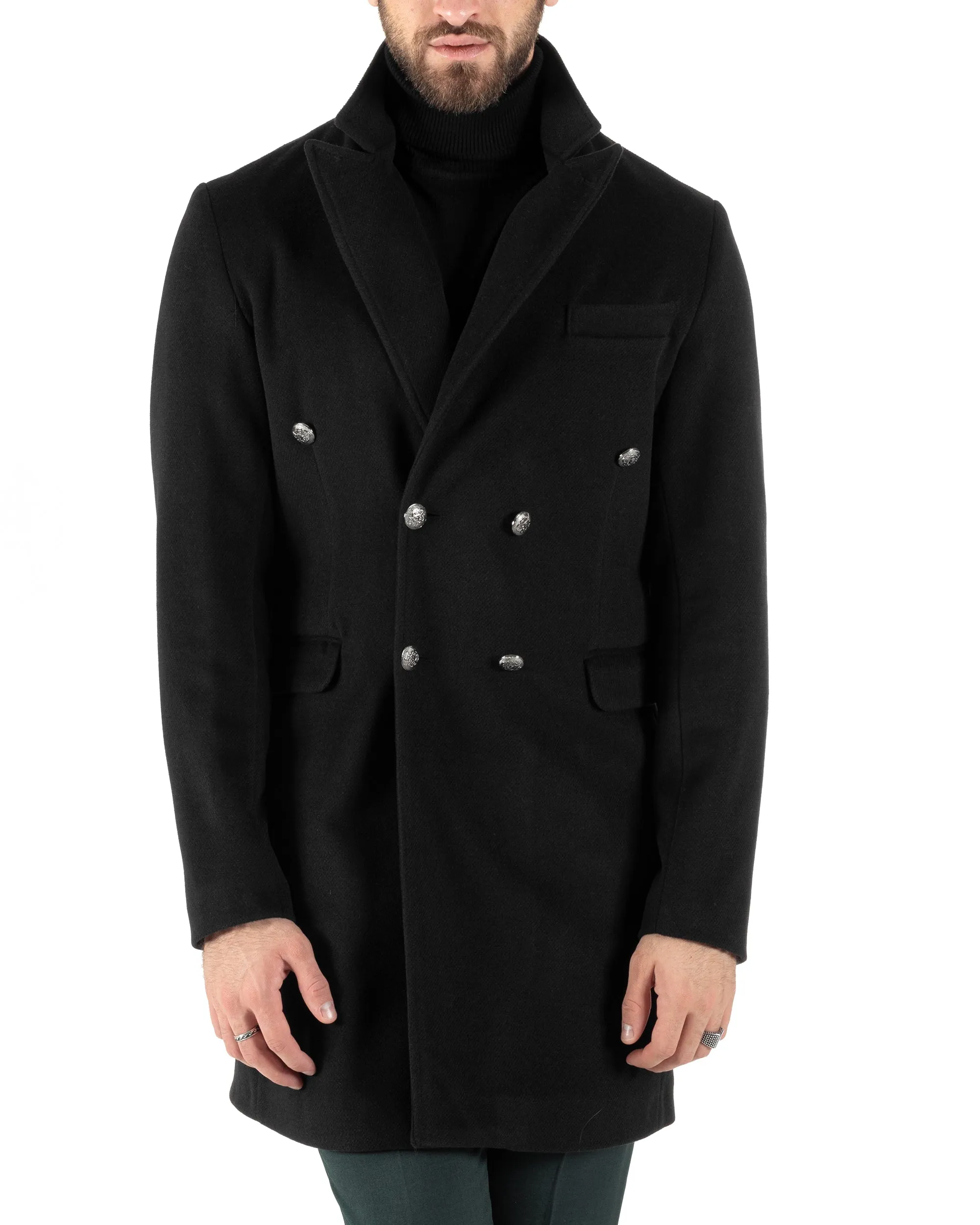Cappotto Doppiopetto Uomo Con Colletto Giaccone Martingala Nero Elegante Tessuto Diagonale GIOSAL-CO1026A