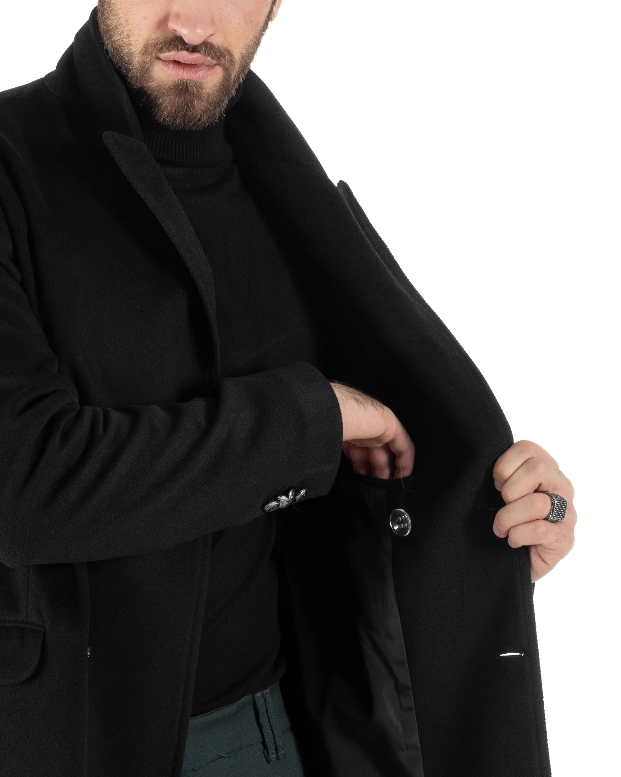 Cappotto Doppiopetto Uomo Con Colletto Giaccone Martingala Nero Elegante Tessuto Diagonale GIOSAL-CO1026A