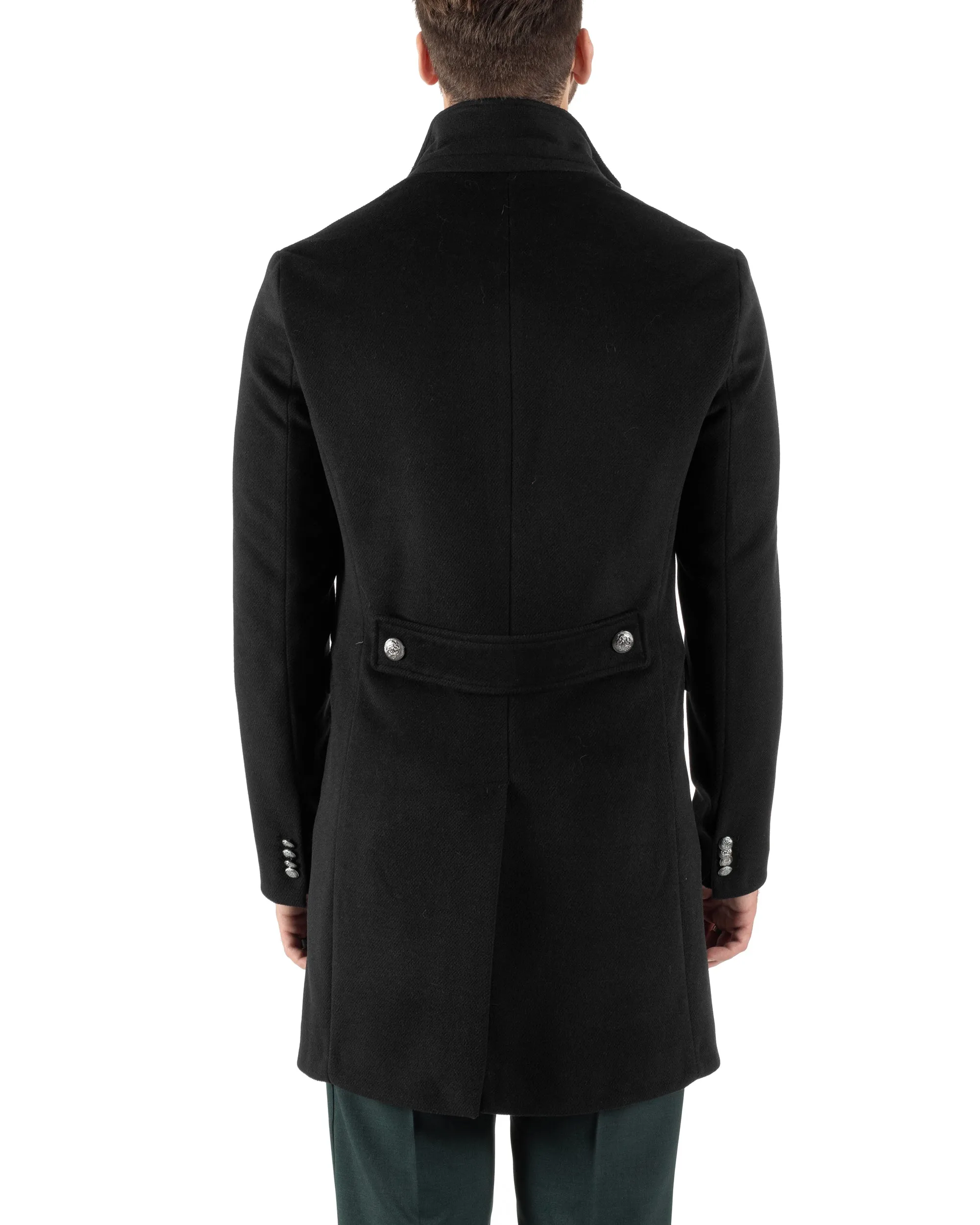 Cappotto Doppiopetto Uomo Con Colletto Giaccone Martingala Nero Elegante Tessuto Diagonale GIOSAL-CO1026A