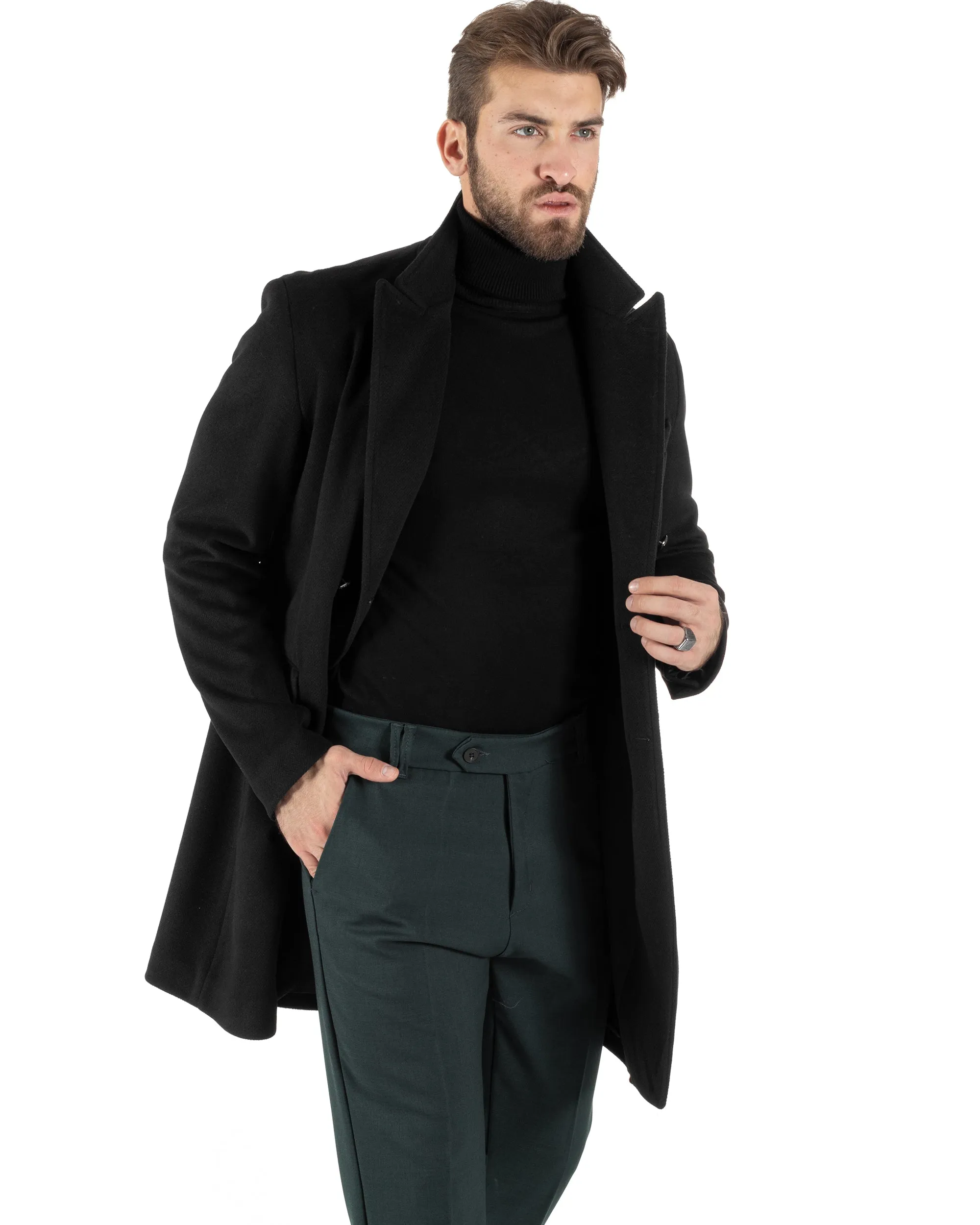 Cappotto Doppiopetto Uomo Con Colletto Giaccone Martingala Nero Elegante Tessuto Diagonale GIOSAL-CO1026A