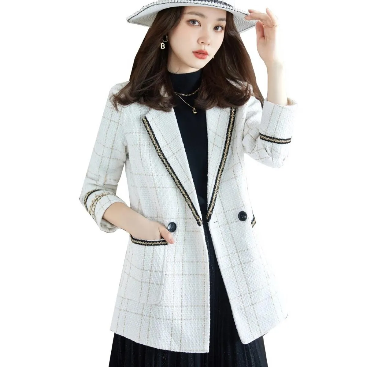 Cappotto scozzese bianco nero monopetto da donna di alta qualità dell'ultimo stilista di moda Giacca blazer da donna con tascheb