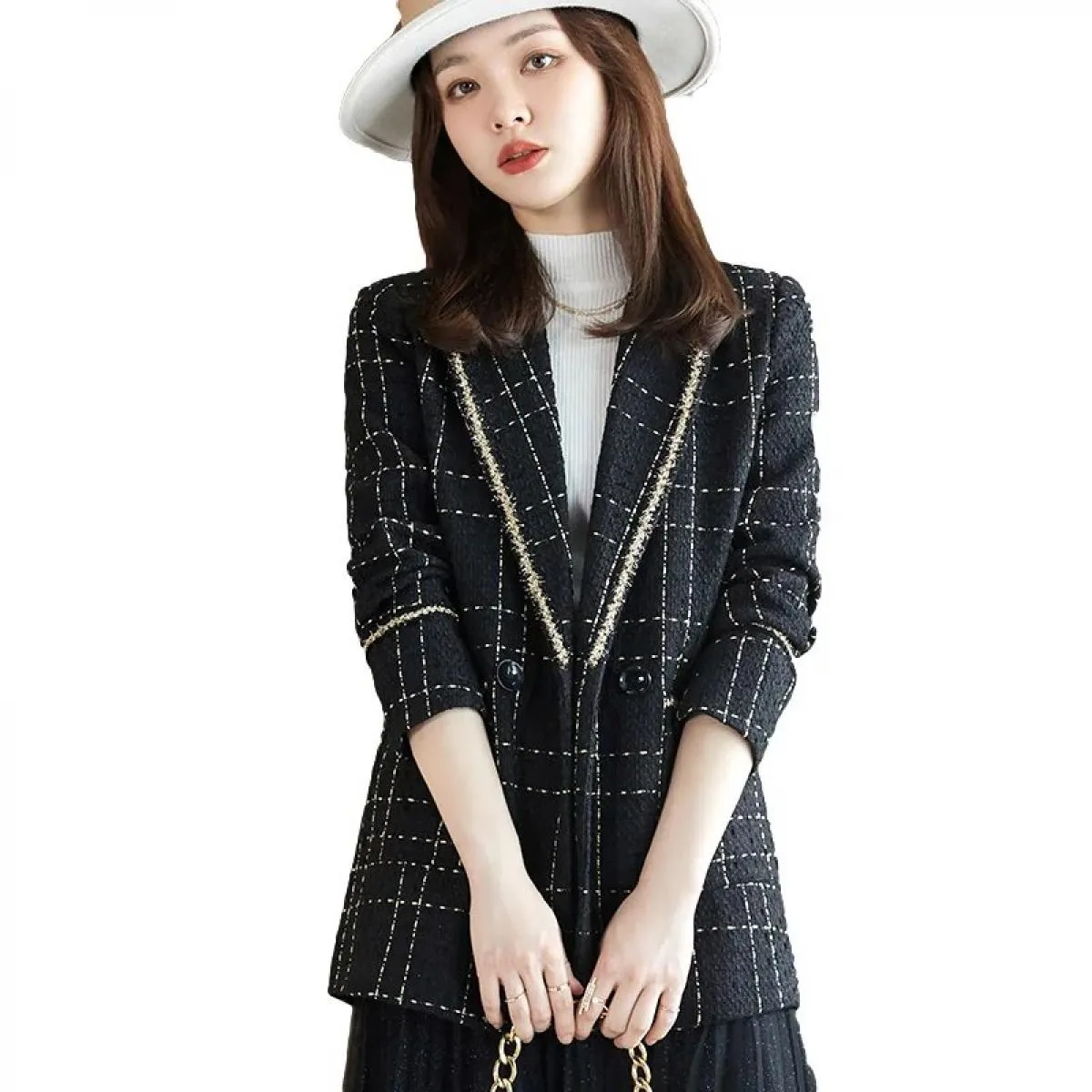 Cappotto scozzese bianco nero monopetto da donna di alta qualità dell'ultimo stilista di moda Giacca blazer da donna con tascheb