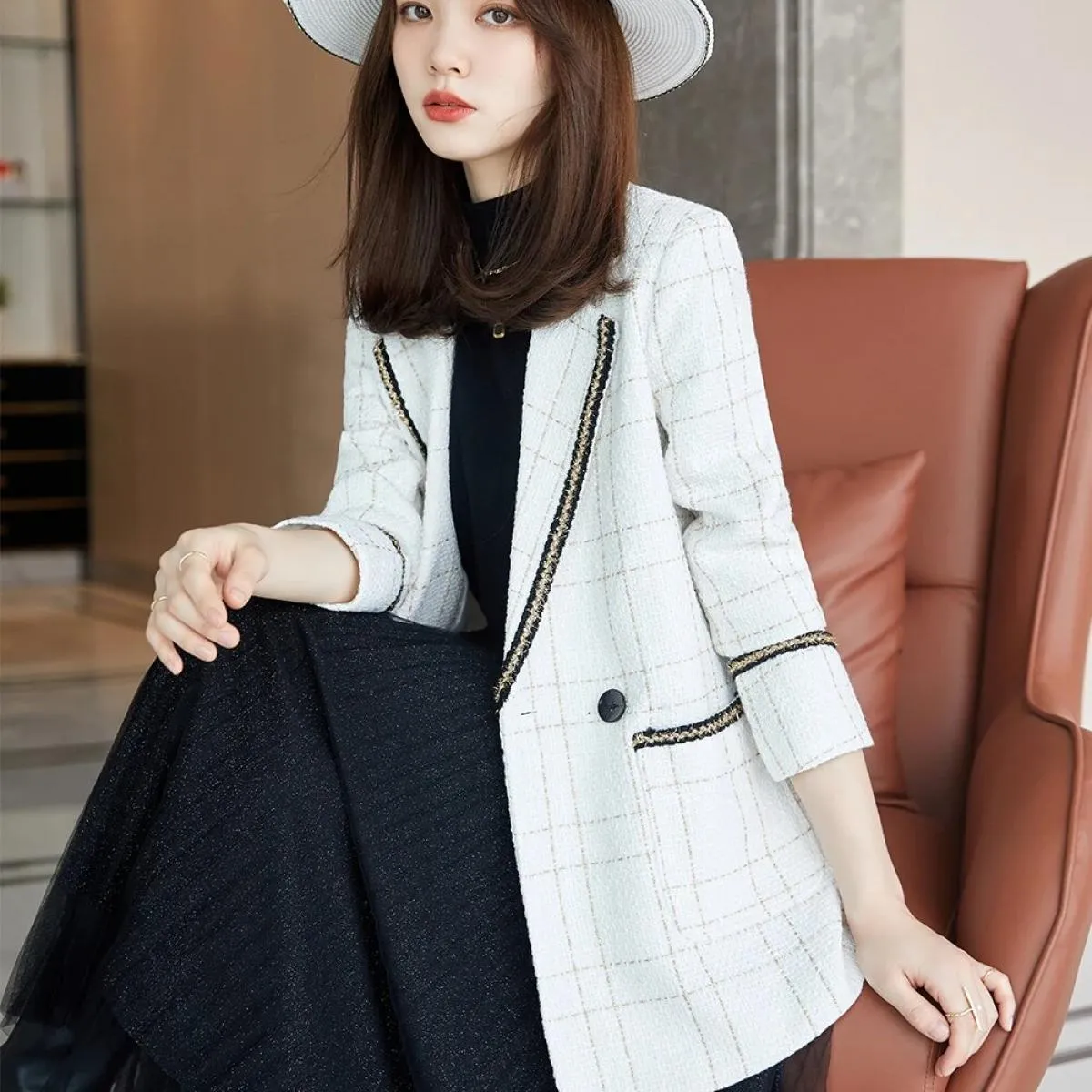 Cappotto scozzese bianco nero monopetto da donna di alta qualità dell'ultimo stilista di moda Giacca blazer da donna con tascheb