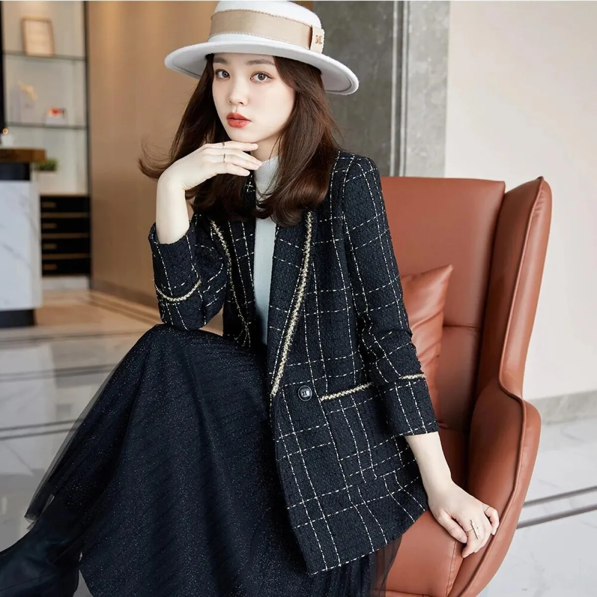 Cappotto scozzese bianco nero monopetto da donna di alta qualità dell'ultimo stilista di moda Giacca blazer da donna con tascheb