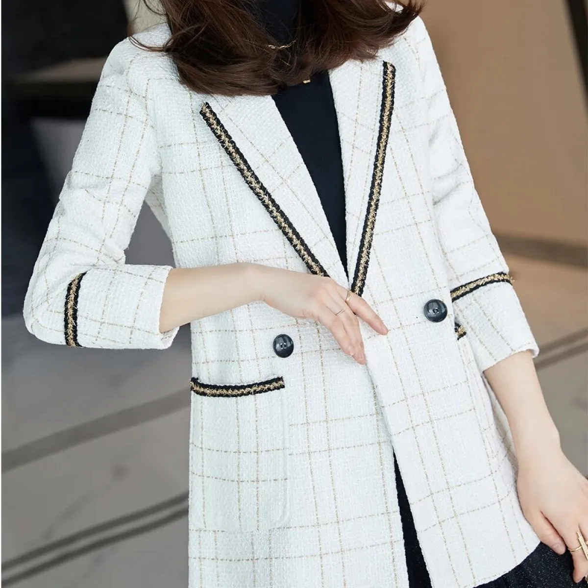 Cappotto scozzese bianco nero monopetto da donna di alta qualità dell'ultimo stilista di moda Giacca blazer da donna con tascheb