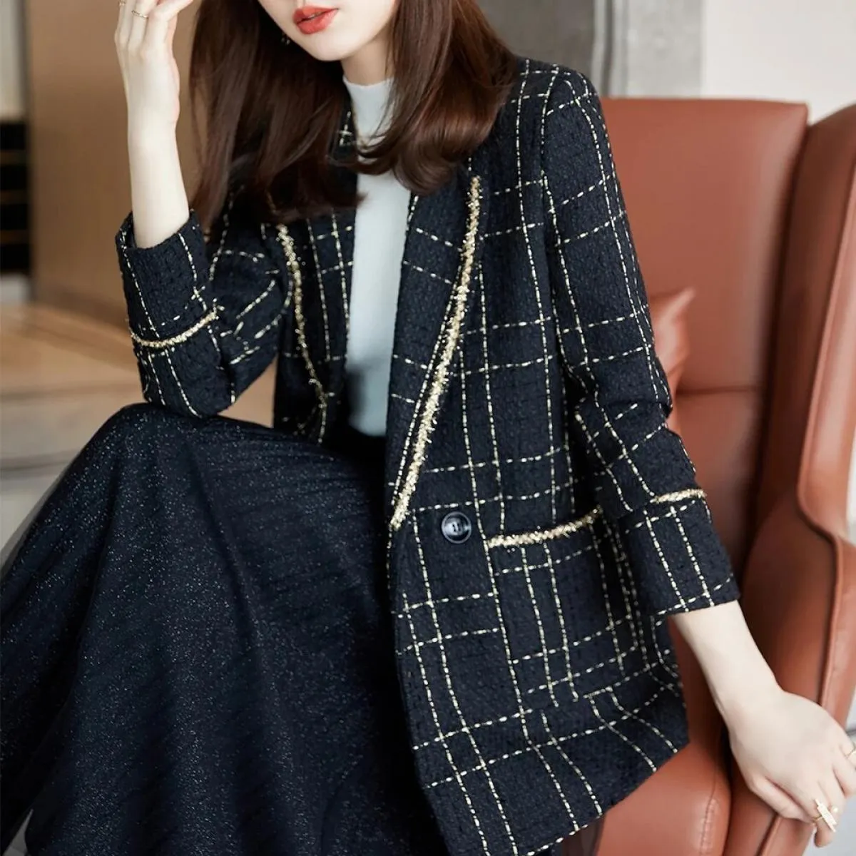 Cappotto scozzese bianco nero monopetto da donna di alta qualità dell'ultimo stilista di moda Giacca blazer da donna con tascheb