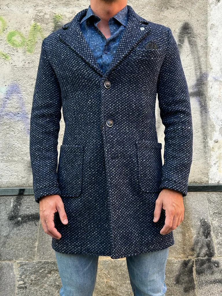 Cappotto V2 Sartoriale monopetto con trama bicolor su base Bianco/Blu con ampie tasche frontali e pochette in dotazione **esauri